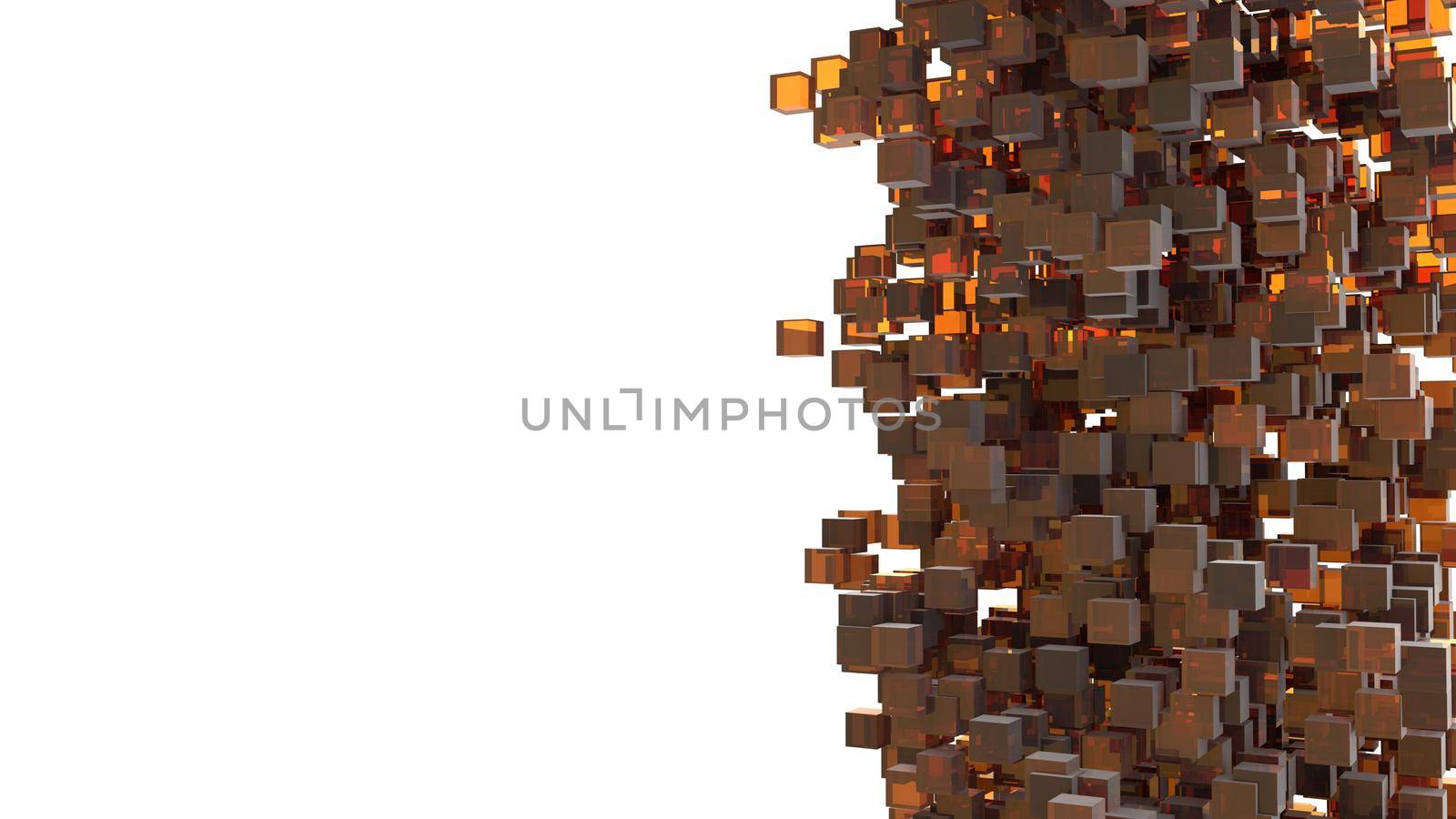 Storm of orange cubes falling from sky. Abstract and 3D concept. Isometric Geometry theme. Creative idea for modern design