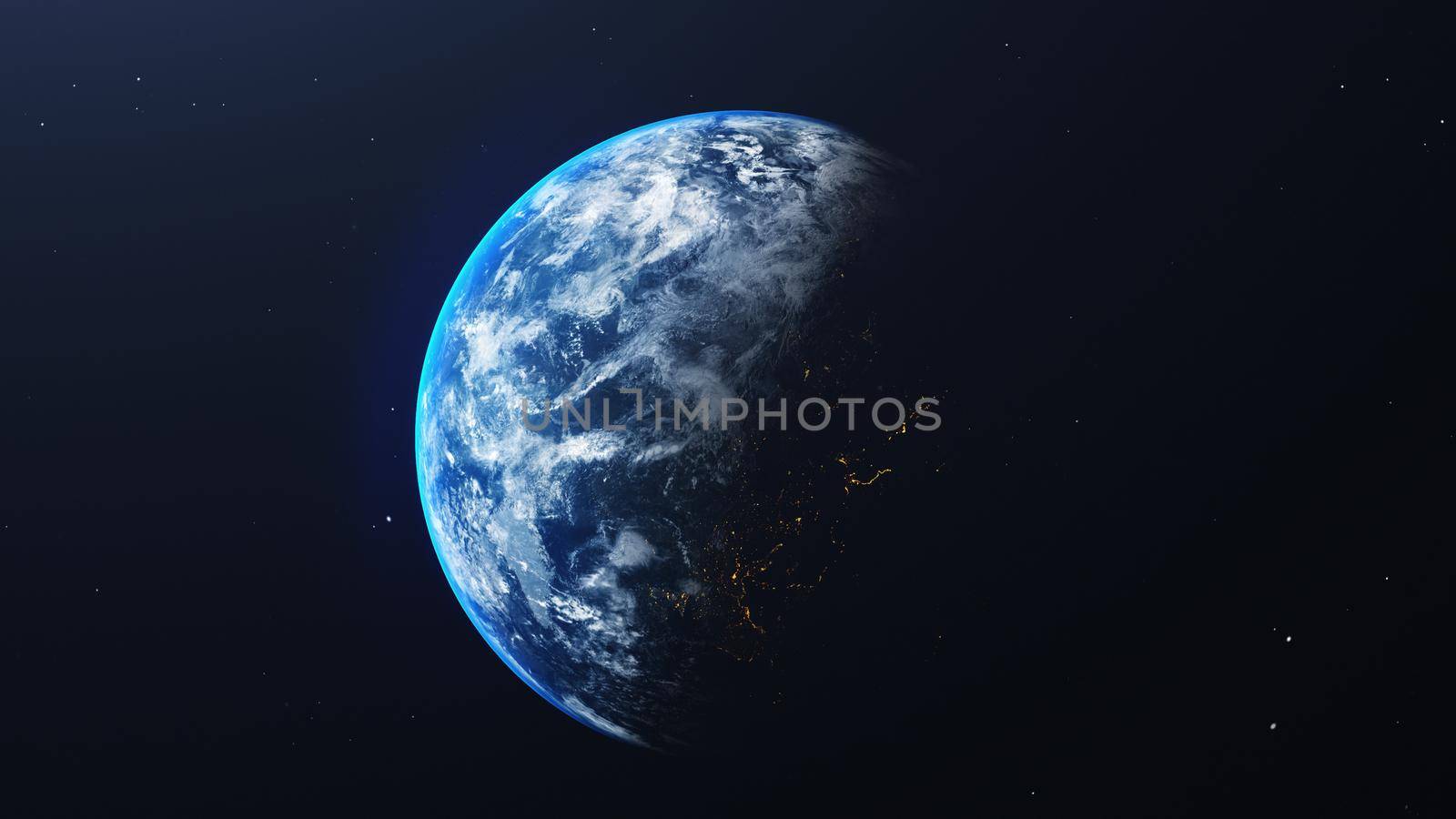 Earth in space view with shining sunrise in universe and galaxy background. Nature  and World environment concept. Science and globe. Fantasy sky atmosphere. 3D illustration render