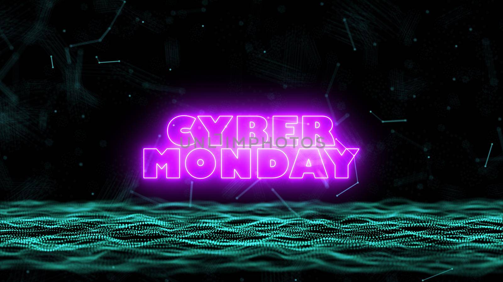 3D Cyber Monday abstract blue blurred geometry wireframe network and connecting node in space on black background. Security of futuristics computer and science concept. Technology concept