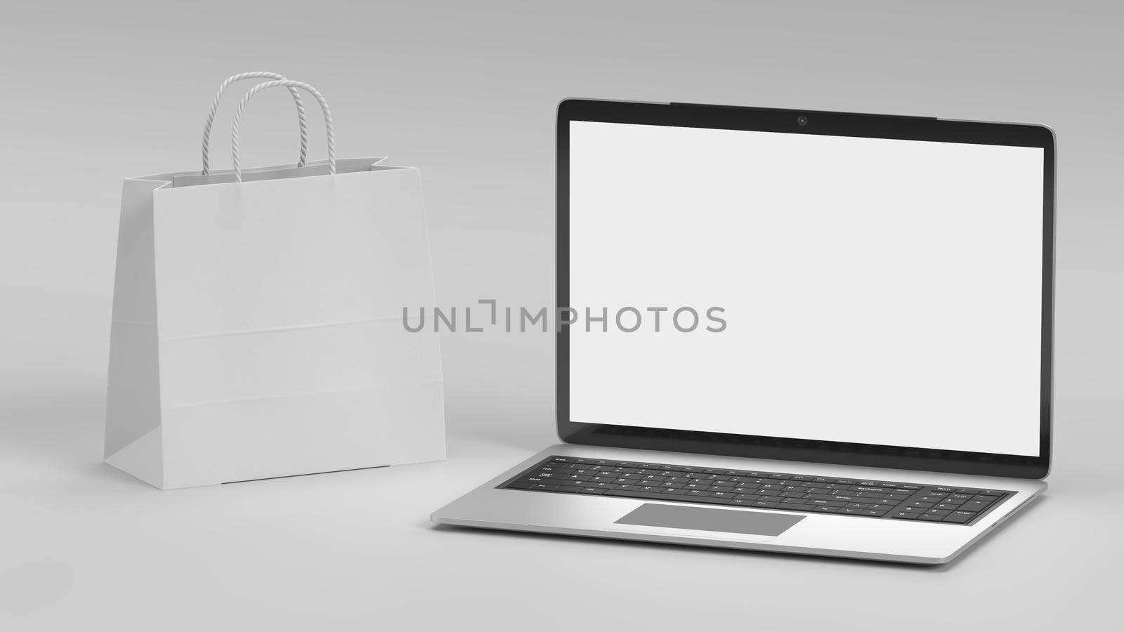 Laptop and Shopping bag mockup on white background. Business and online technology object concept. Empty screen display for insert your advertisement. 3D illustration rendering