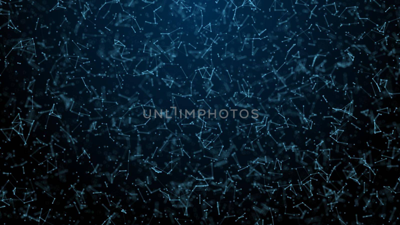 Abstract blue blurred geometry wireframe network and connecting dot in space on blue background. Security of futuristics computer and science concept. Abstract technology concept. 4K graphic design