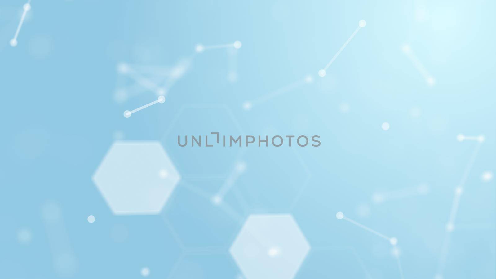 3D Abstract white geometry float into medical wireframe network and connecting dot space on blue background. Security futuristics computer and science concept. Abstract technology graphic design.