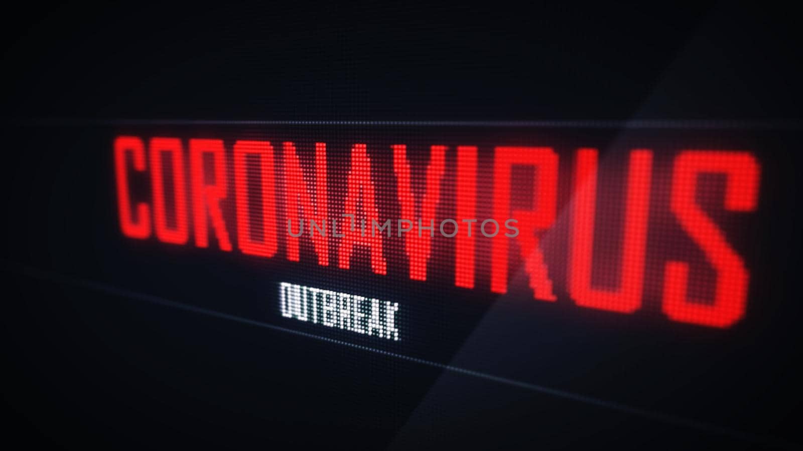 Closeup red Coronavirus outbreak warning text on computer pixelated green screen display background. 3D illustration rendering alphabet. Healthcare and medical concept. Health researching influenza.