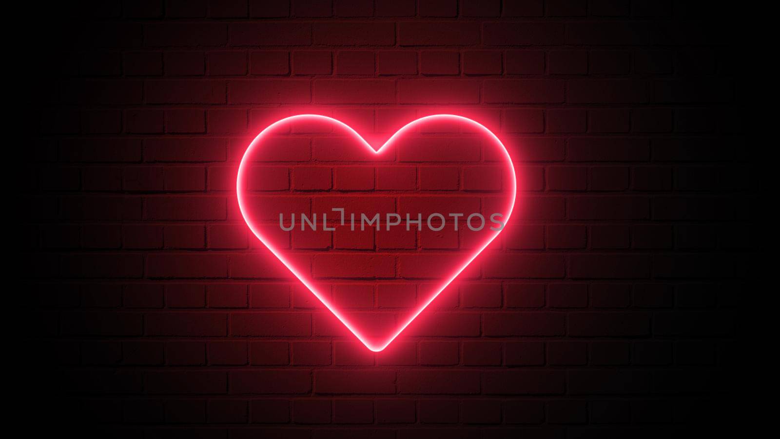 Red heart shape neon light on dark wall background. Abstract and decoration concept. Happy Valentines day element. Sign and symbol electric light glow banner. 3D illustration render. 4K footage video