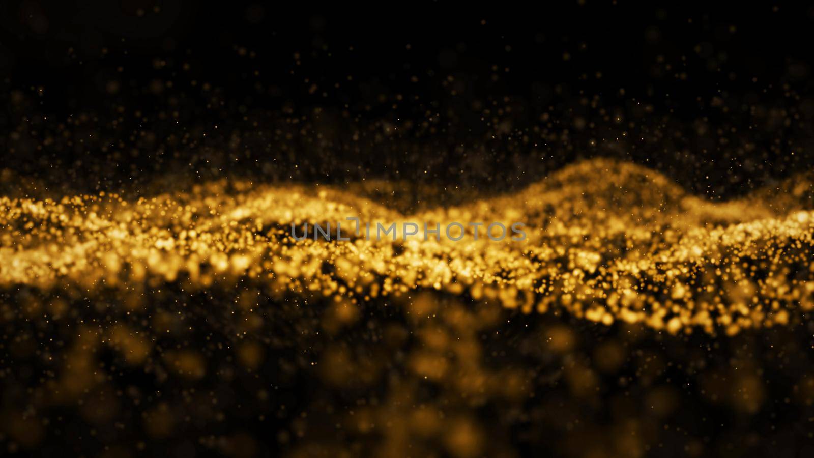 Abstract digital transformation golden color wave particles on black background abstract background. Cyber futuristic technology backdrop concept. Luxury pattern. 3D illustration rendering