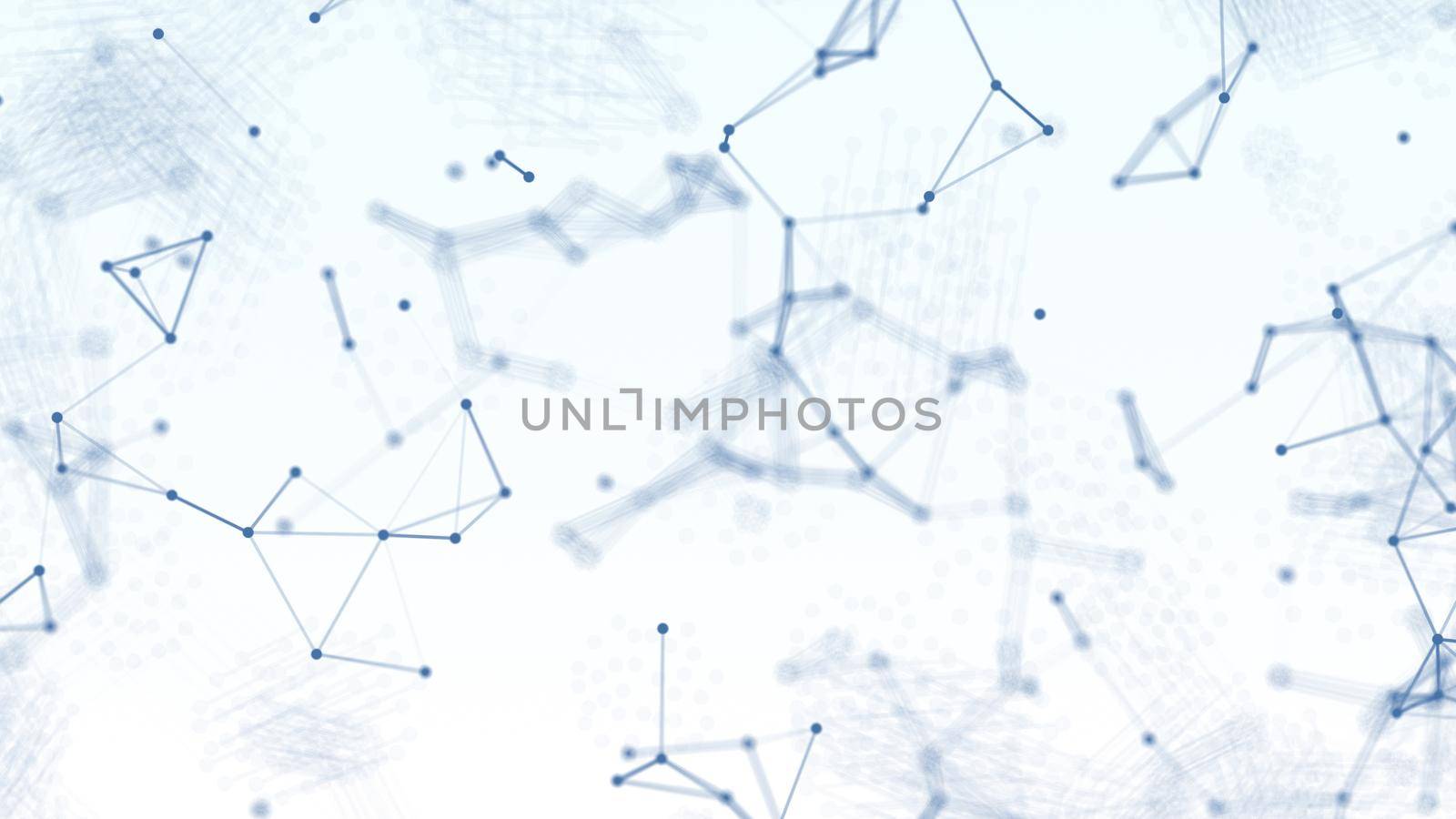 3D Abstract blue blurred geometry wireframe network and connecting dot in space on white background. Futuristics computer and medical science concept. Abstract technology graphic design illustration.