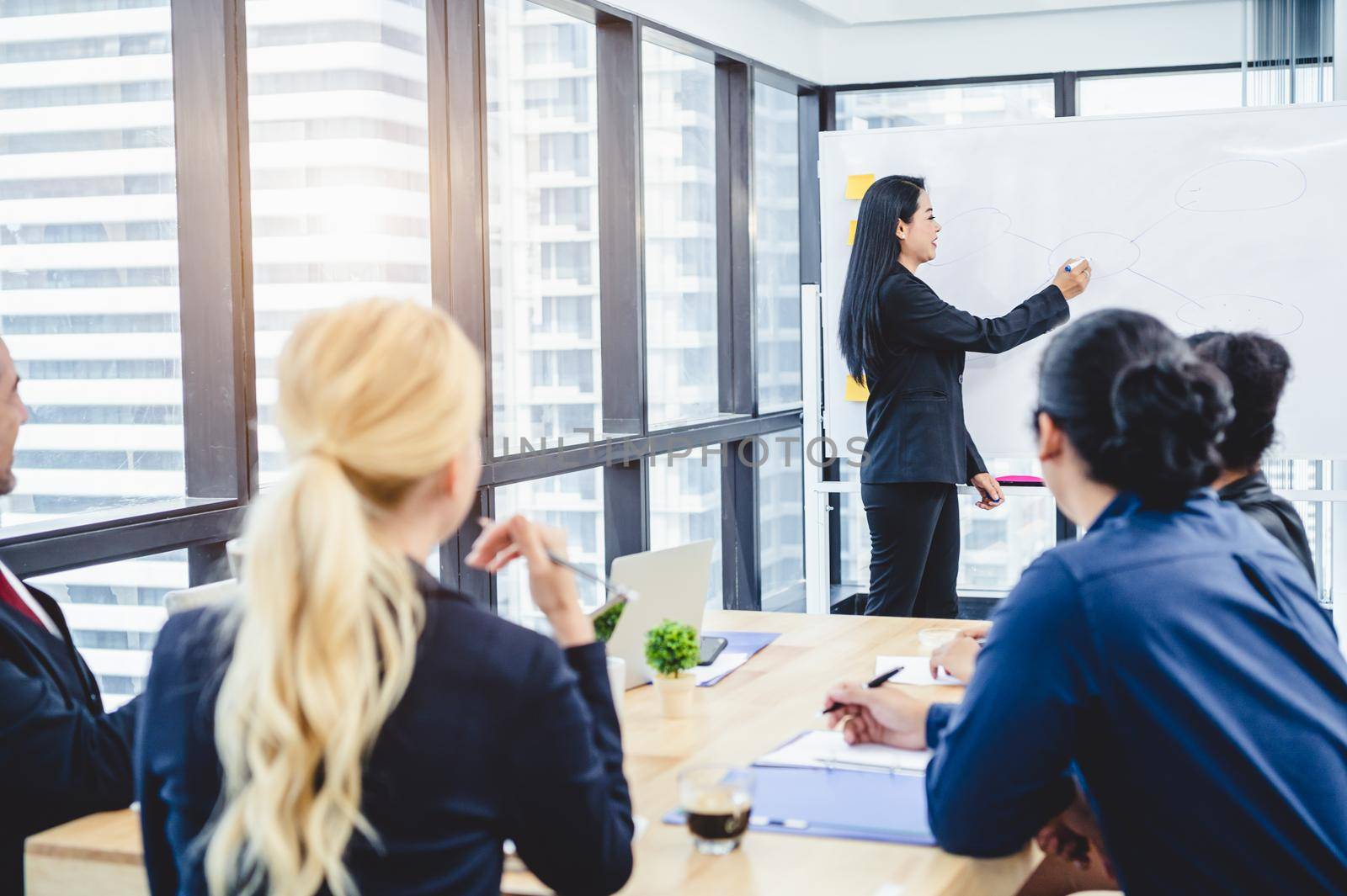 Business people group listened to the instructors explaining about the marketing strategy according to the budget plan in office. Business team meeting together and discussing for startup new project.