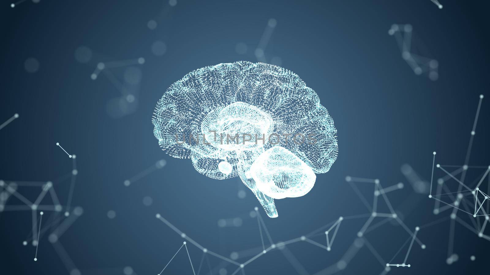 Abstract medical blue glow brain wireframe network and connecting dot in space background. Futuristics science and medical technology concept. Abstract human body part system concept. 3D illustration