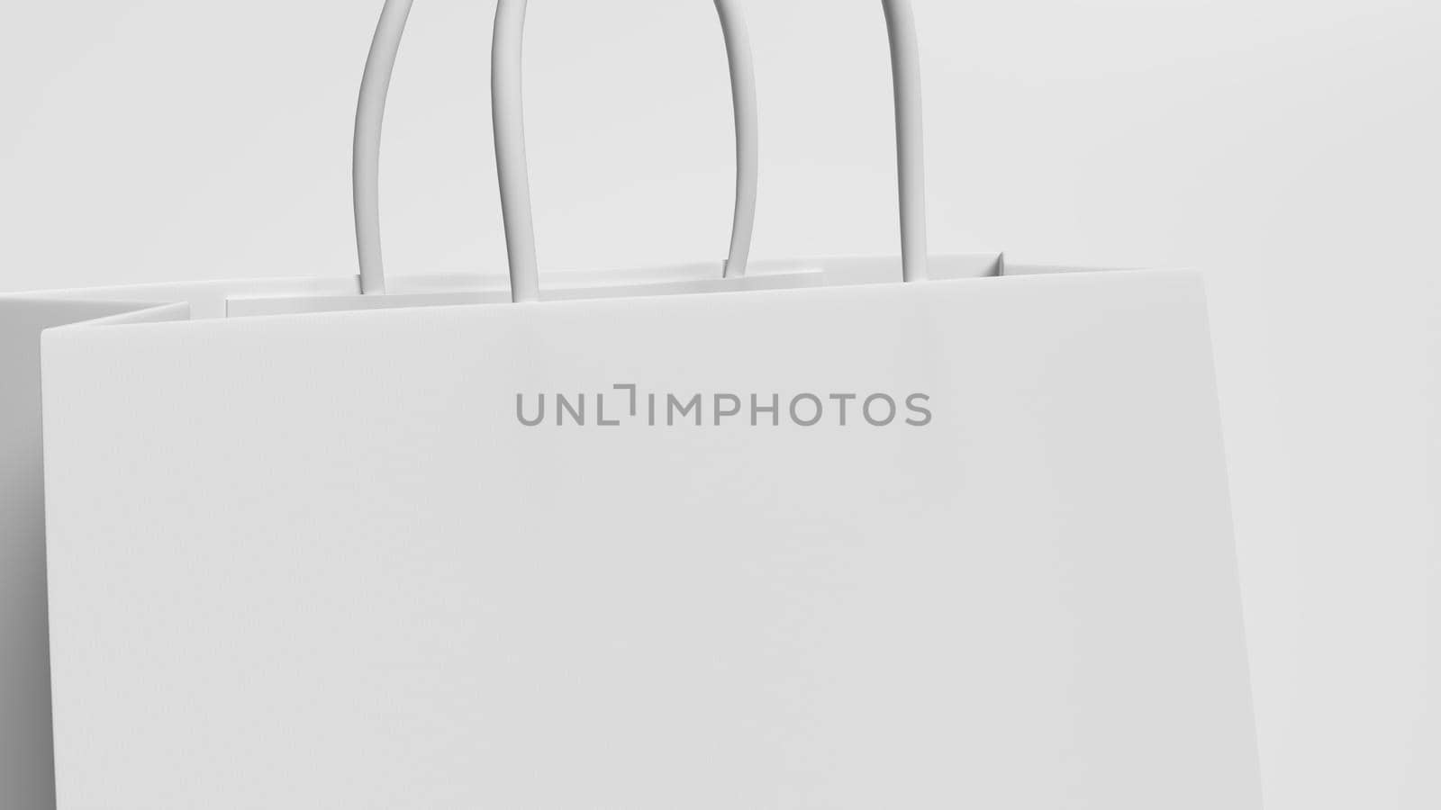 Closeup white shopping bag with handle rope on isolated white background. Object and Business accessories concept. 3D illustration rendering