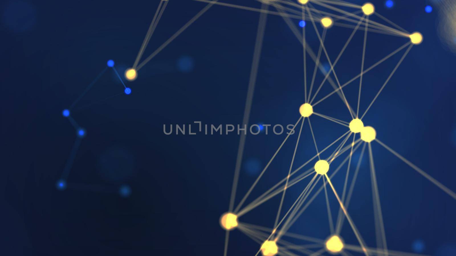 3D rendering abstract yellow geometry flying wireframe network and connecting dot space on blue background. Security futuristic computer and science concept. Abstract technology illustration graphic