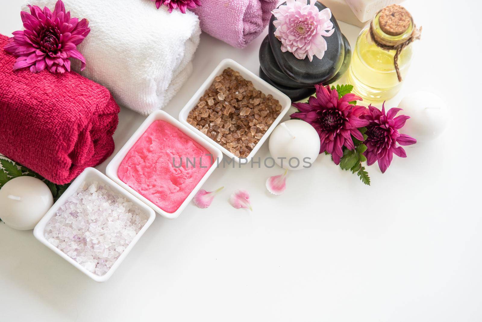 Spa treatments set on white wooden table. Healthcare and body therapy massage concept. Beauty and Healthy theme.