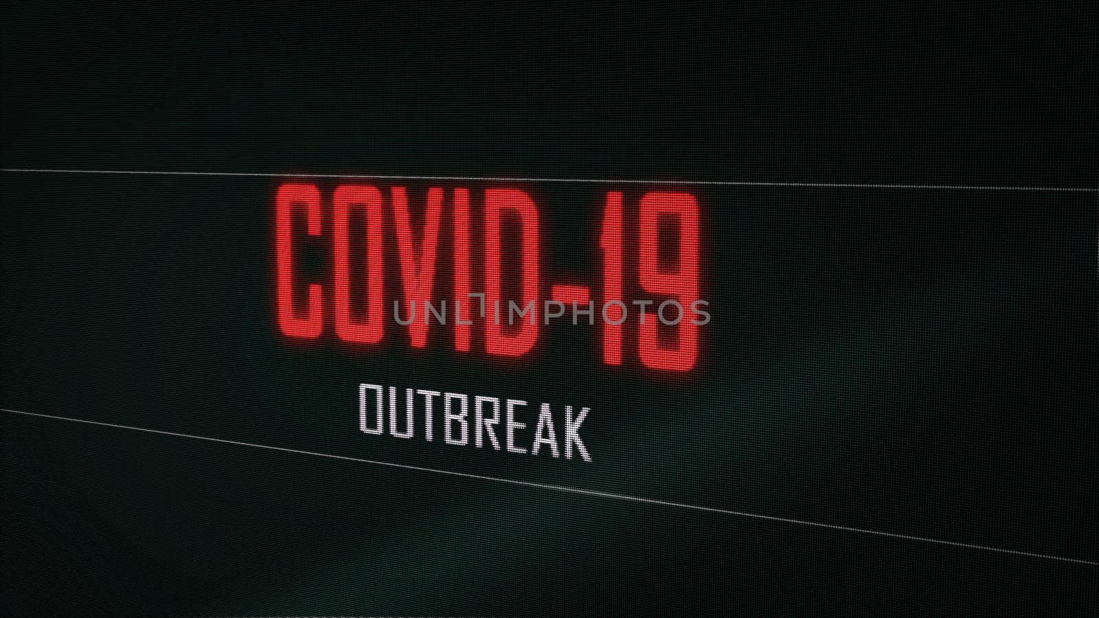 Closeup red Coronavirus Covid-19 outbreak warning flicker text on computer pixelated green screen display background. Healthcare and medical concept. Health influenza. 3D illustration rendering