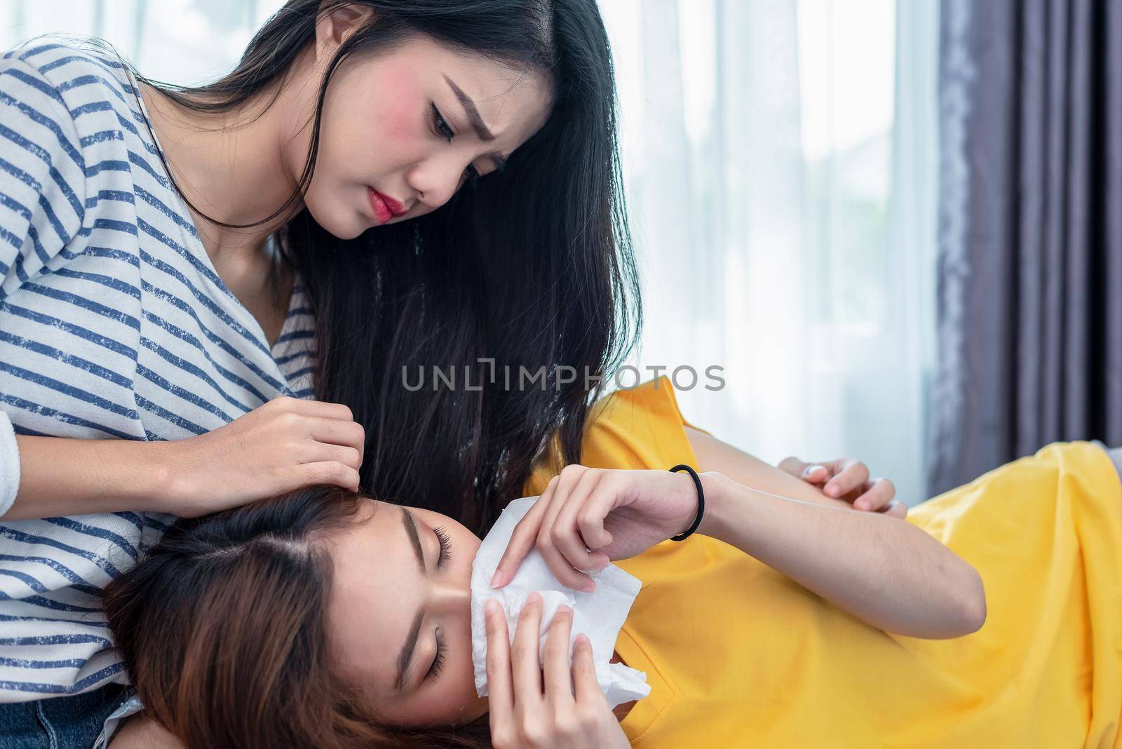 Asian beauty sad girl was comforted by sister because of broken heart from boyfriend. People and social issues problem concept. Lifestyle and Friendships. Family and relationship theme. Negative mood by MiniStocker