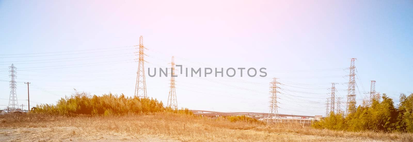 Power line in nature with sun light, wide screen, Technology and nature concept by MiniStocker