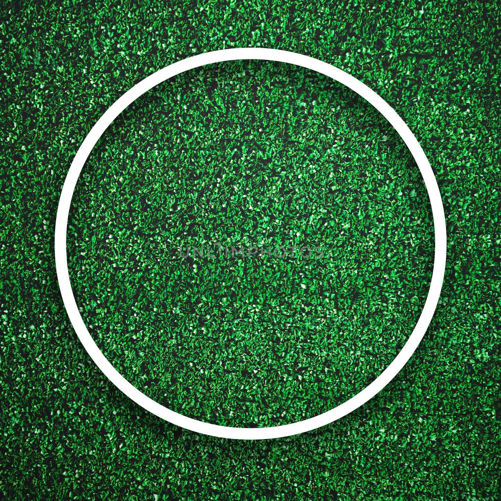 Circular white frame edge on green grass with shadow background. Decoration background element concept. Copy space for text insert in filled in black space.