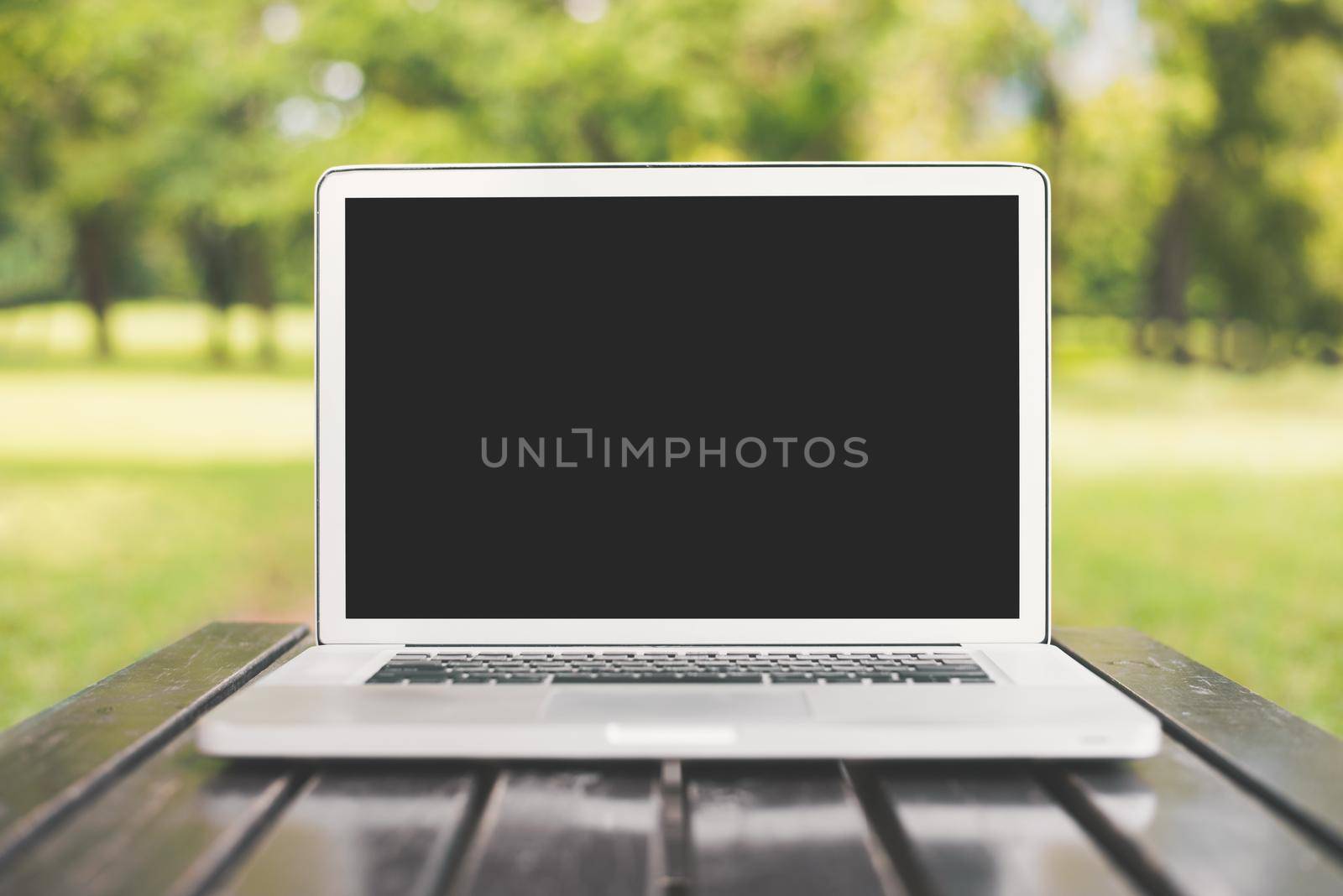 Laptop computer with blank black screen on green nature background. Natural and technology concept. Object and electronics theme. Front view angle