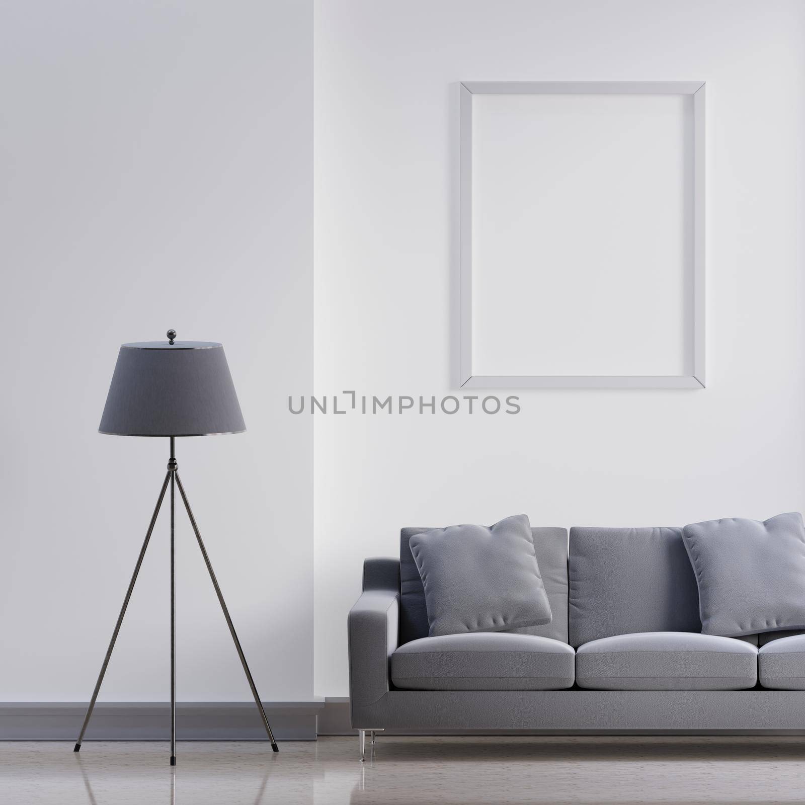 Luxury modern interior of white and gray tone living room home decor concept background. Three legs electric lamp and empty picture frame on marble wall and floor. 3D illustration rendering graphic