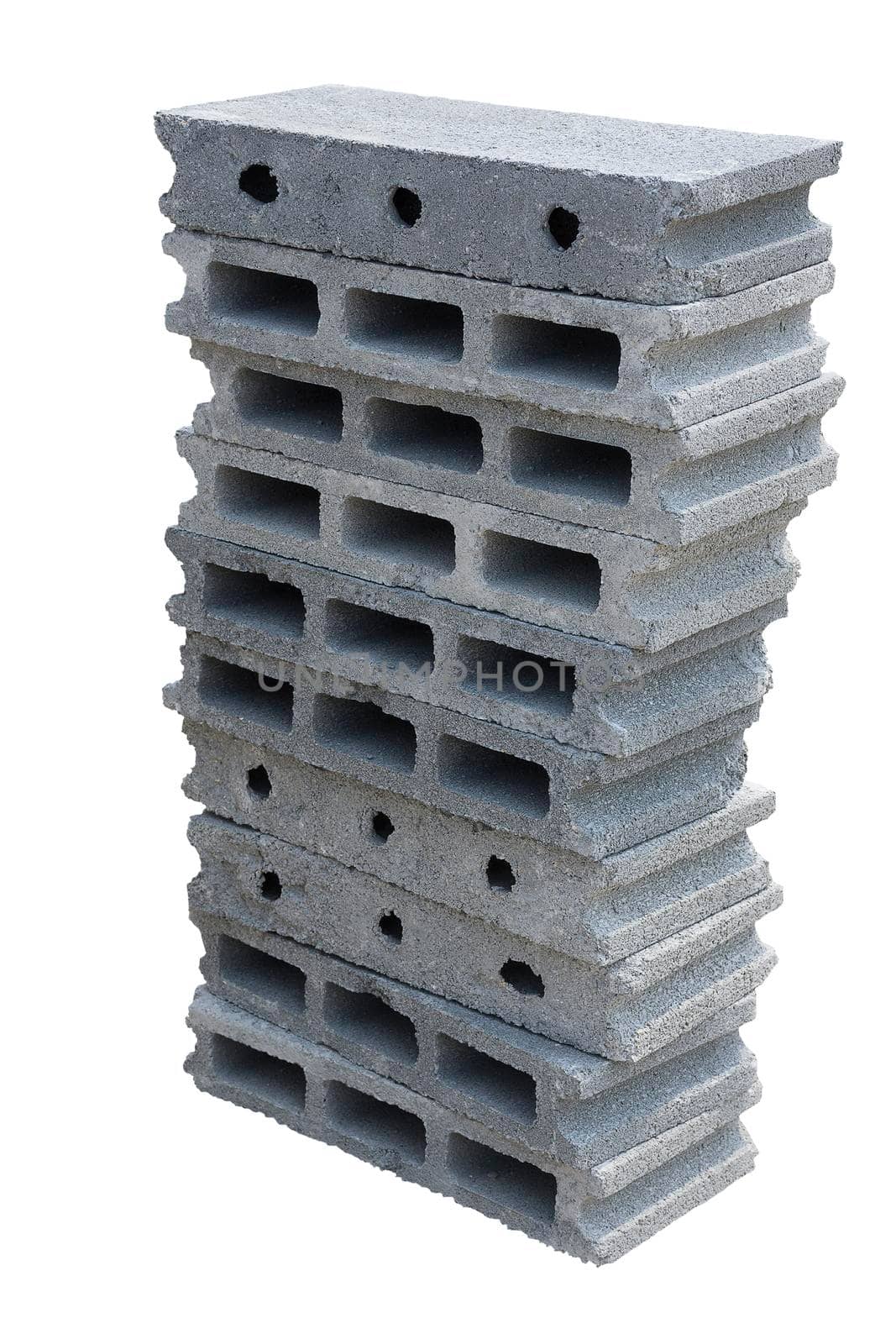 Stack of cement brick block on isolated white background with clipping path. Object and Structure concept. Architecture and Building wall theme.