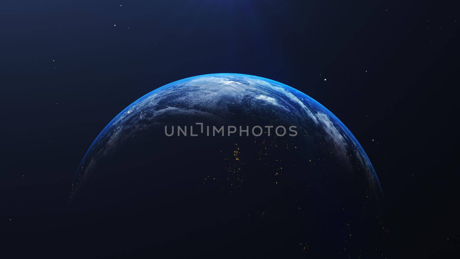 Earth in space view with shining sunrise in universe and galaxy background. Nature  and World environment concept. Science and globe. Fantasy sky atmosphere. 3D illustration render