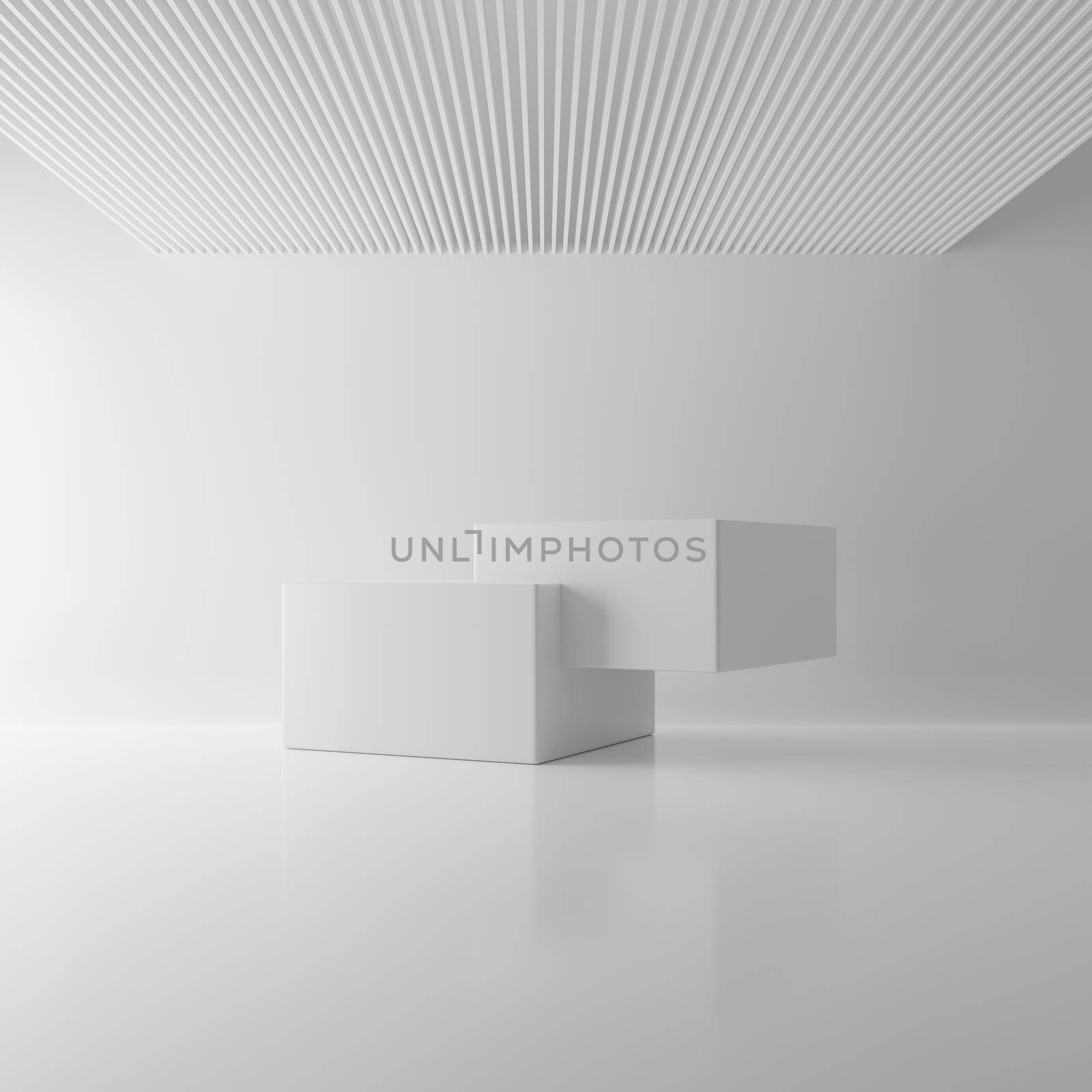 White two rectangle block cube in ceiling room background. Abstract modern architecture mockup concept. Minimal interior. Studio podium platform. Business presentation stage. 3D illustration render by MiniStocker