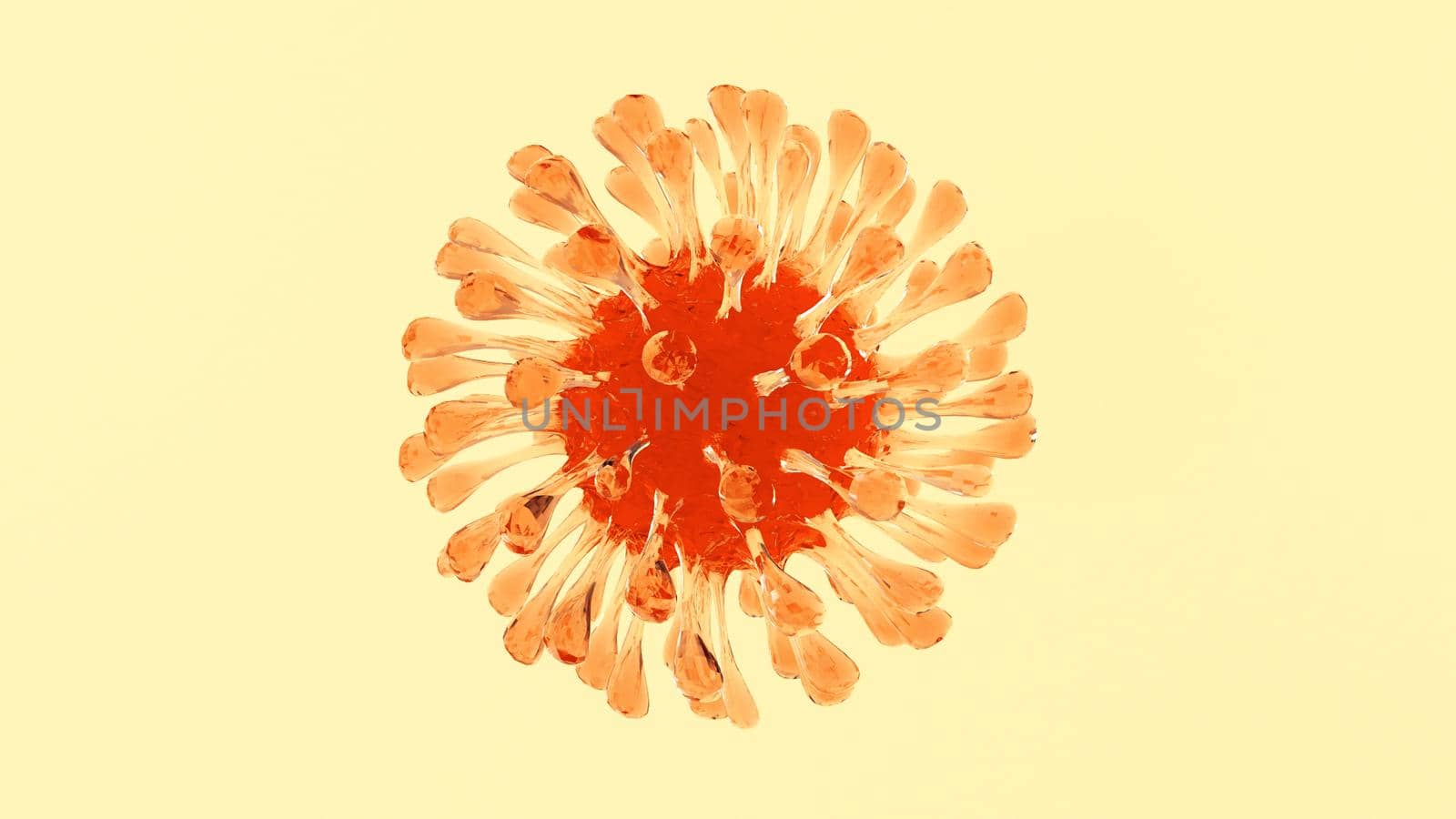 Orange Coronavirus jelly cell on yellow background. Sweet and medical concept. Bacterium jiggle movement. 3D illustration rendering