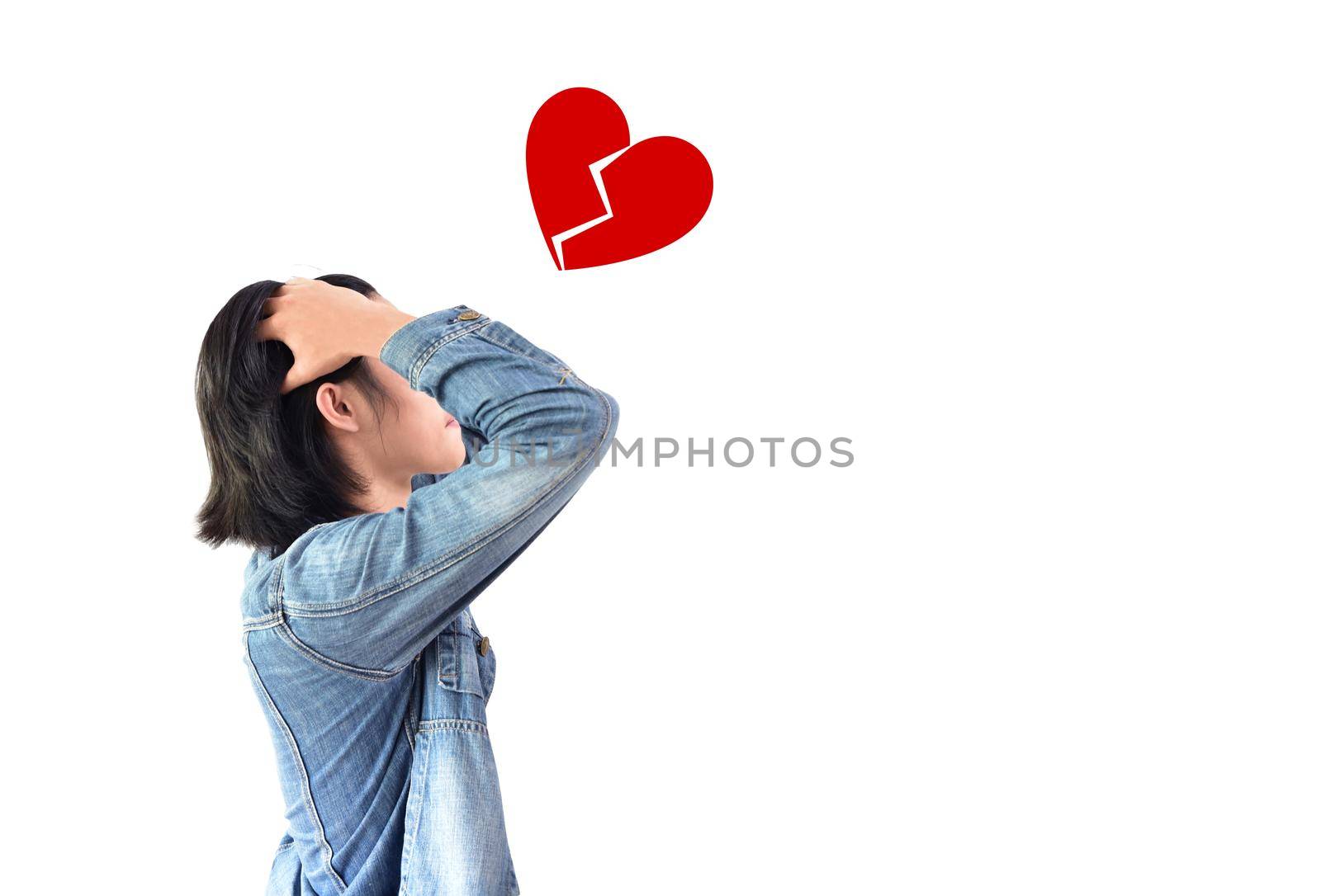 The person who loses the heart, holds the head with both hands and worry to love or not love, isolated white background, Heart broken concept, indeterminable