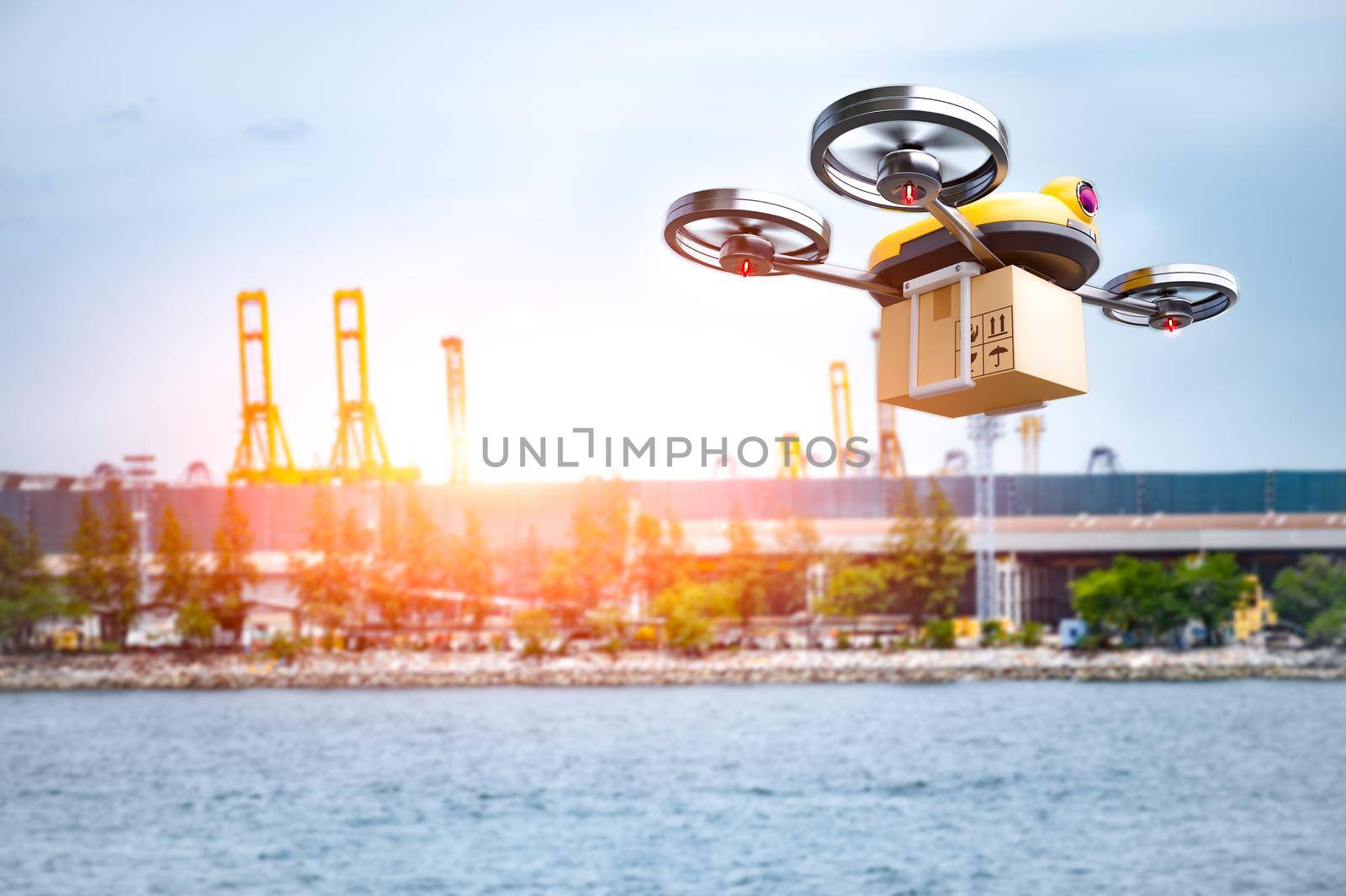 Delivery drone delivering petrochemical product from oil refinery for shipping fine and crude oil to drilling platforms or customer. Modern innovative technology and security gadget. Unmanned drone