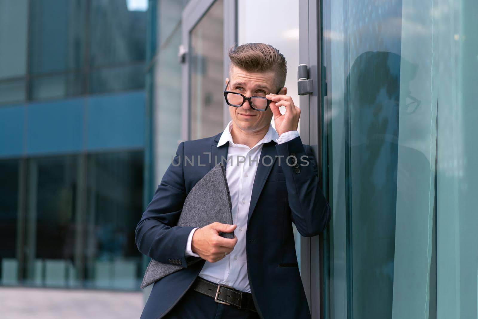 Business. Businessman Glasses With Folder Standing Office Building Entrance Handsome Caucasian Male Business Person Portrait City Corporative Building Background Successful Young Adult Manager
