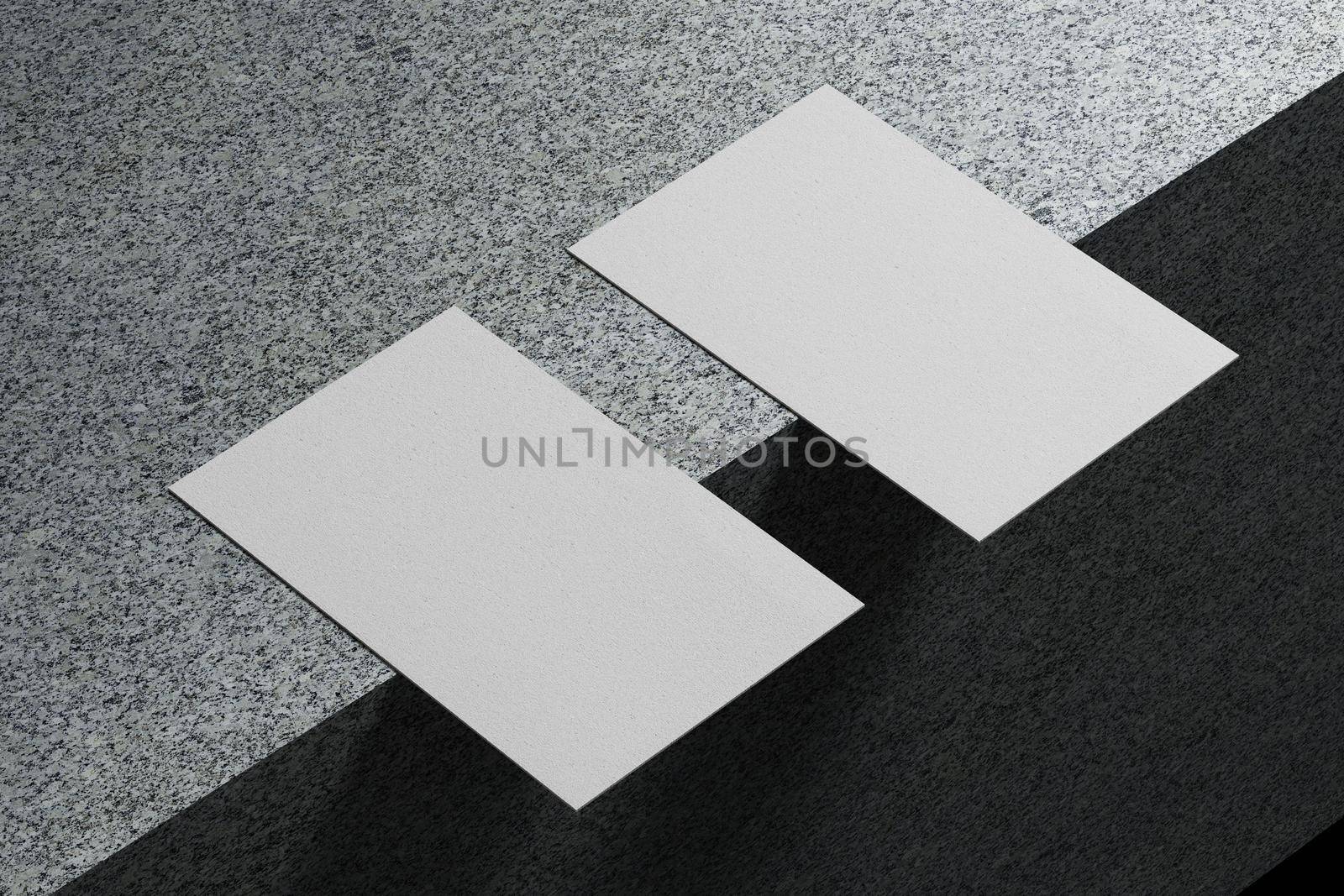 White horizontal business card paper mockup template with blank space cover for insert company logo or personal identity on marble floor background. Modern concept. 3D illustration render