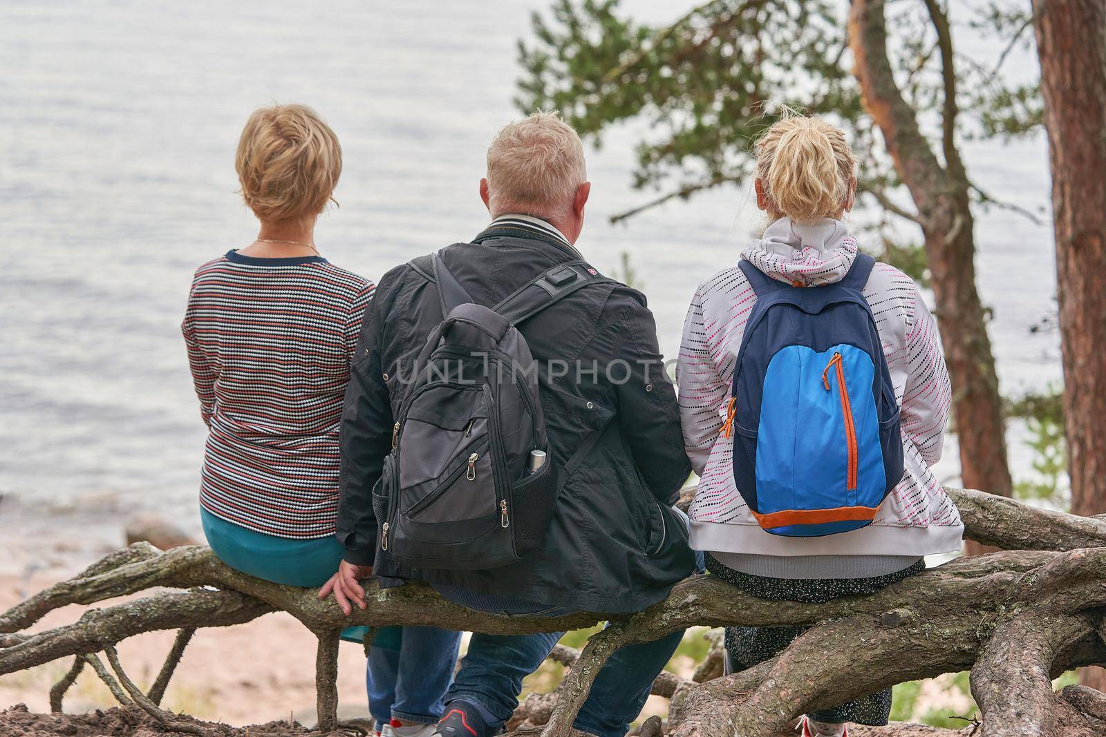 A man and two women sit on the shore of a forest lake with their backs to the camera. People admire the lake