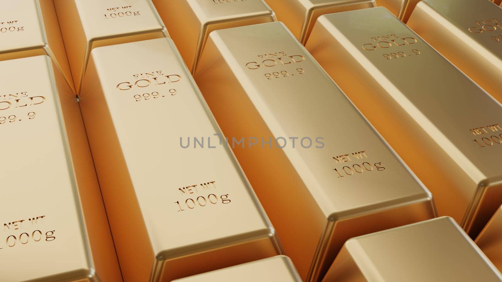 Closeup shiny gold bar arrangement in a row. Business Gold future and financial concept. 3D illustration rendering. World economics and currency exchange. Money trade and safe haven marketplace
