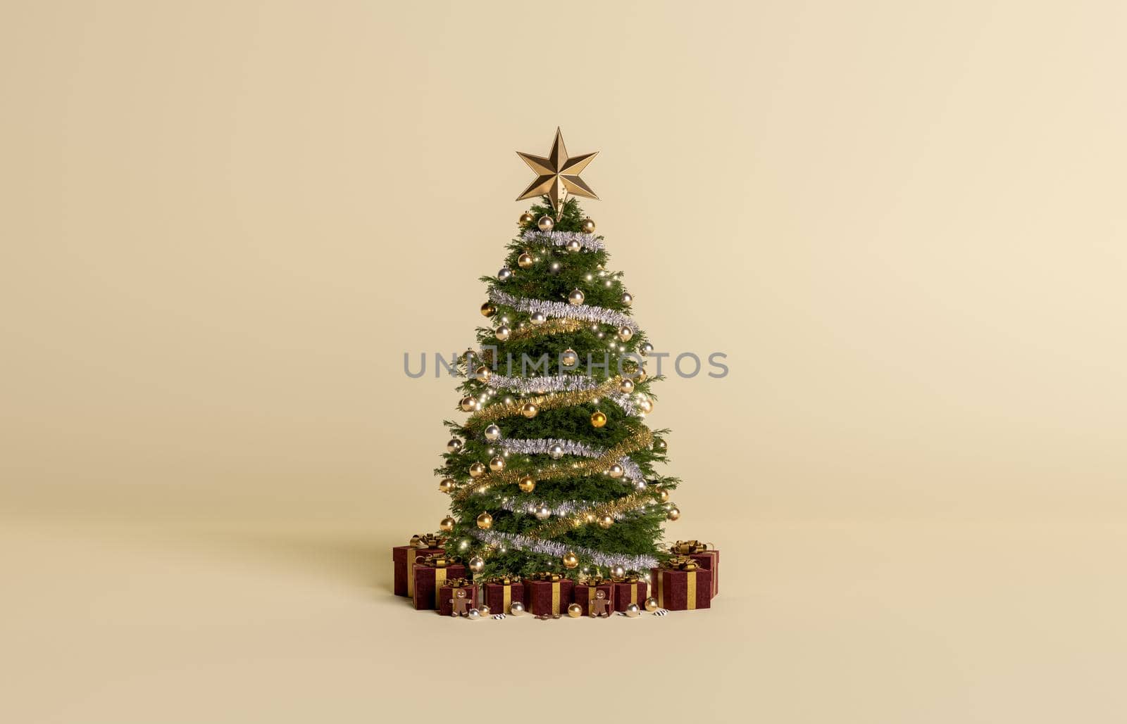 decorated christmas tree and gifts under it on minimalist background. 3d rendering