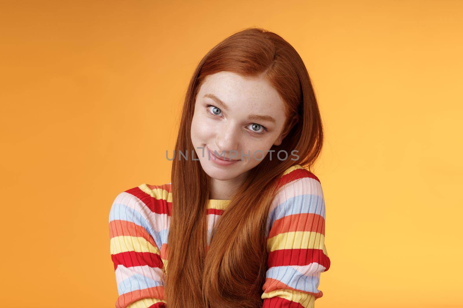 Flirty clingy redhead cute girlfriend making coquettish kind gentle gazes wanna get advantage asking buy something boyfriend look from under forehead tender feminine silly glancing camera by Benzoix