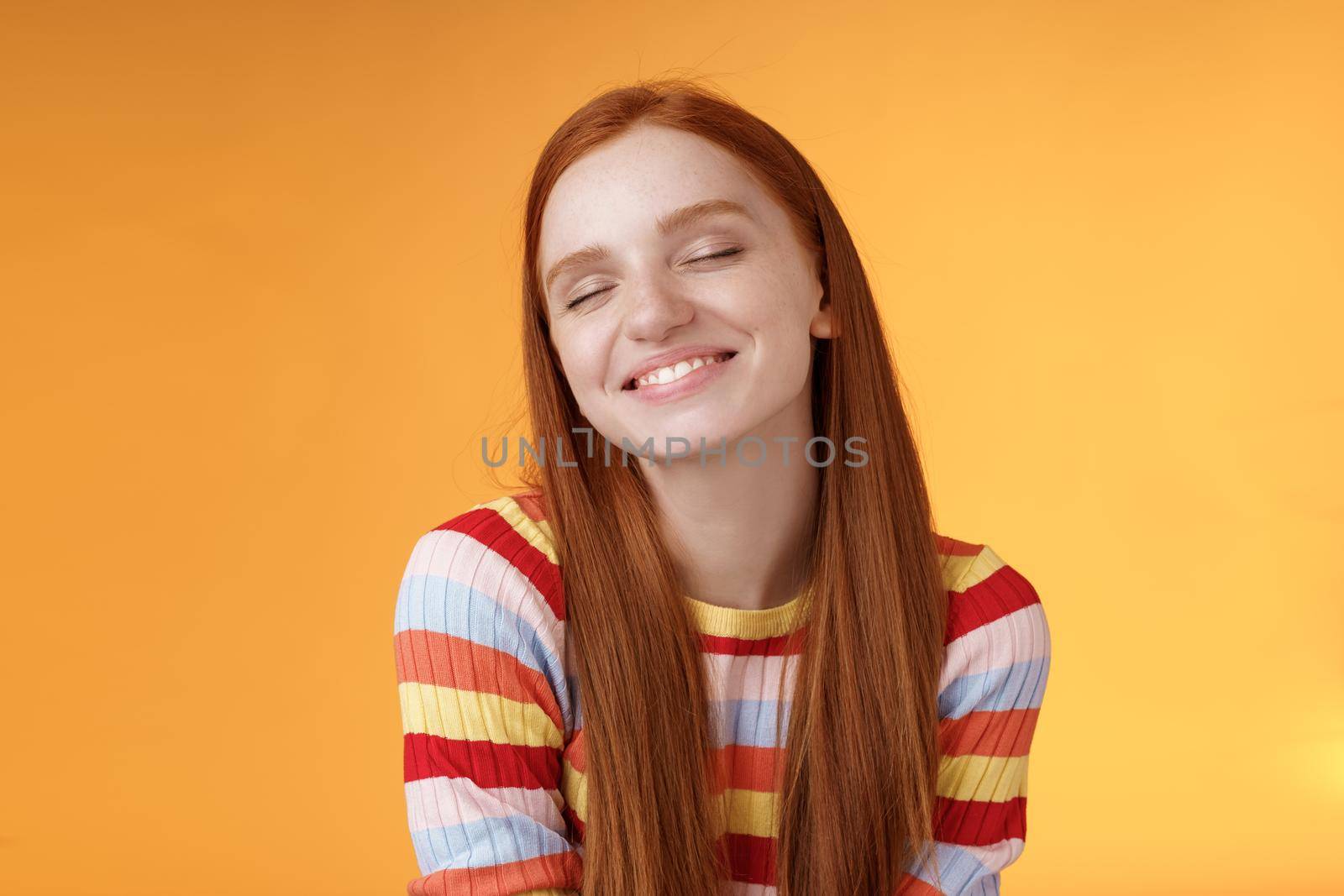 Tender sensual dreamy cute redhead feminine girl dreaming about tasty slice pizza close eyes smiling delighted drooling standing fascinated mesmerized recalling lovely moment, orange background by Benzoix