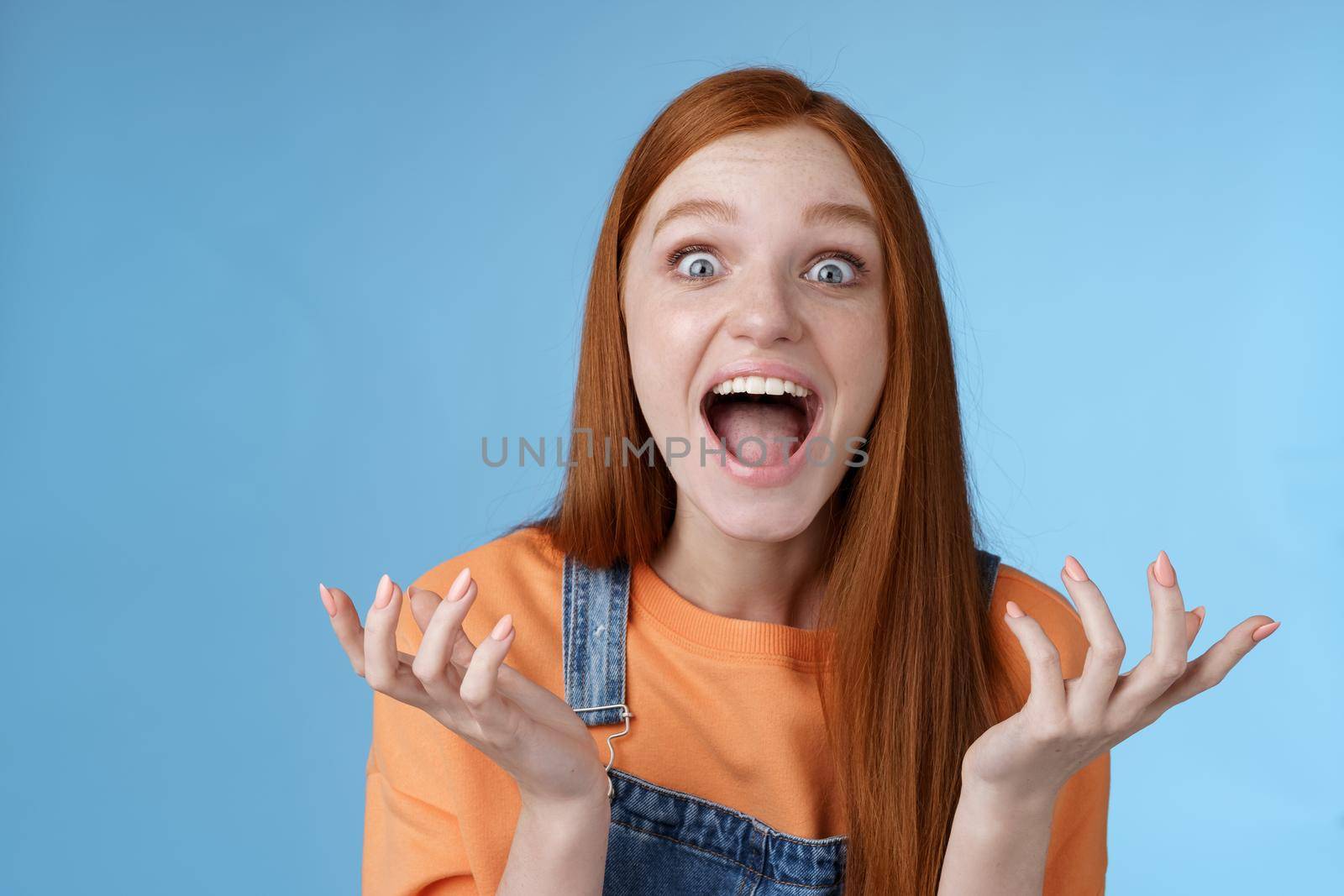 Extremely happy good-looking caucasian redhead girl reacting awesome fantastic news shouting thrilled raising hands amused shaking happily yelling yeah look surprised astonished, blue background.
