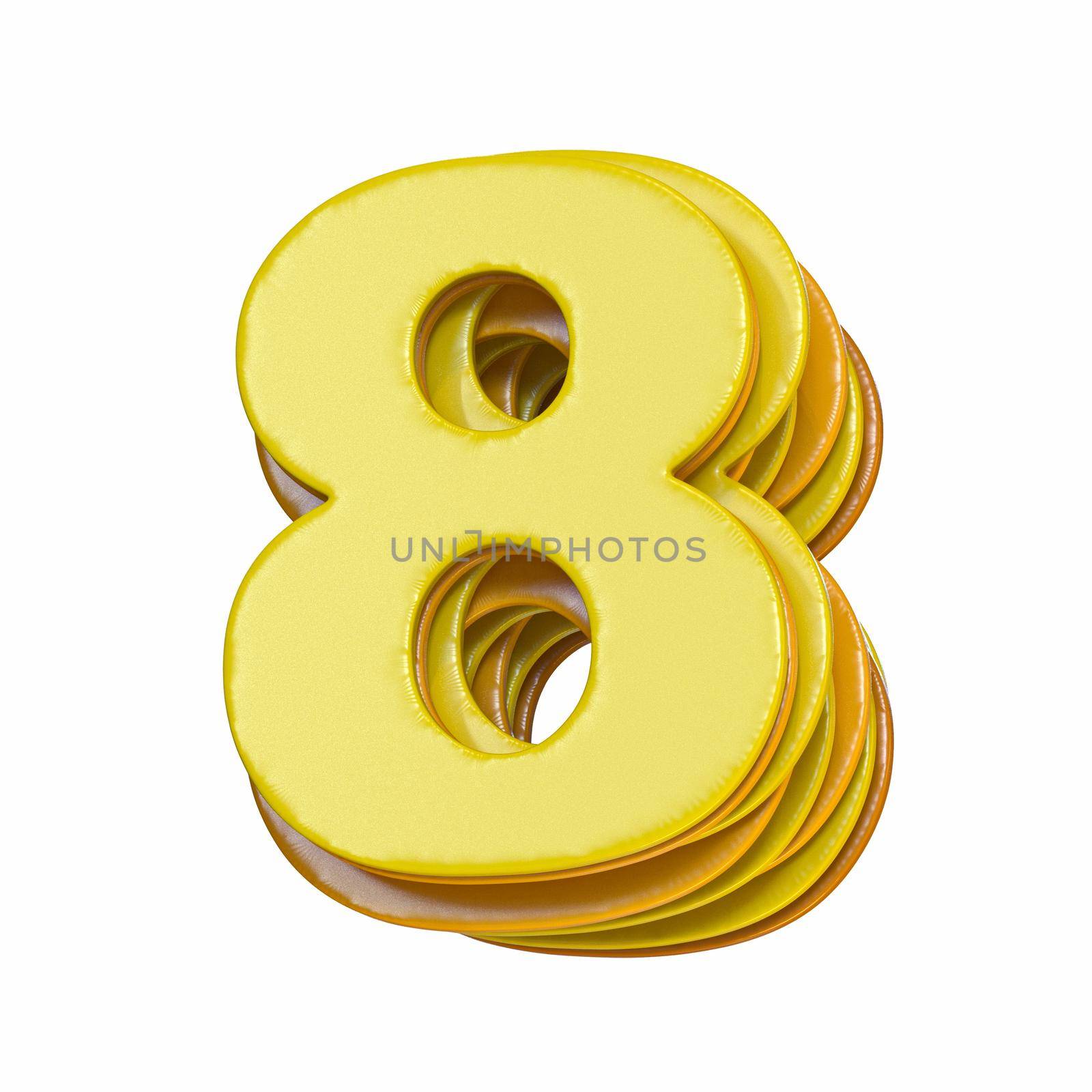 Yellow font Number 8 EIGHT 3D render illustration isolated on white background