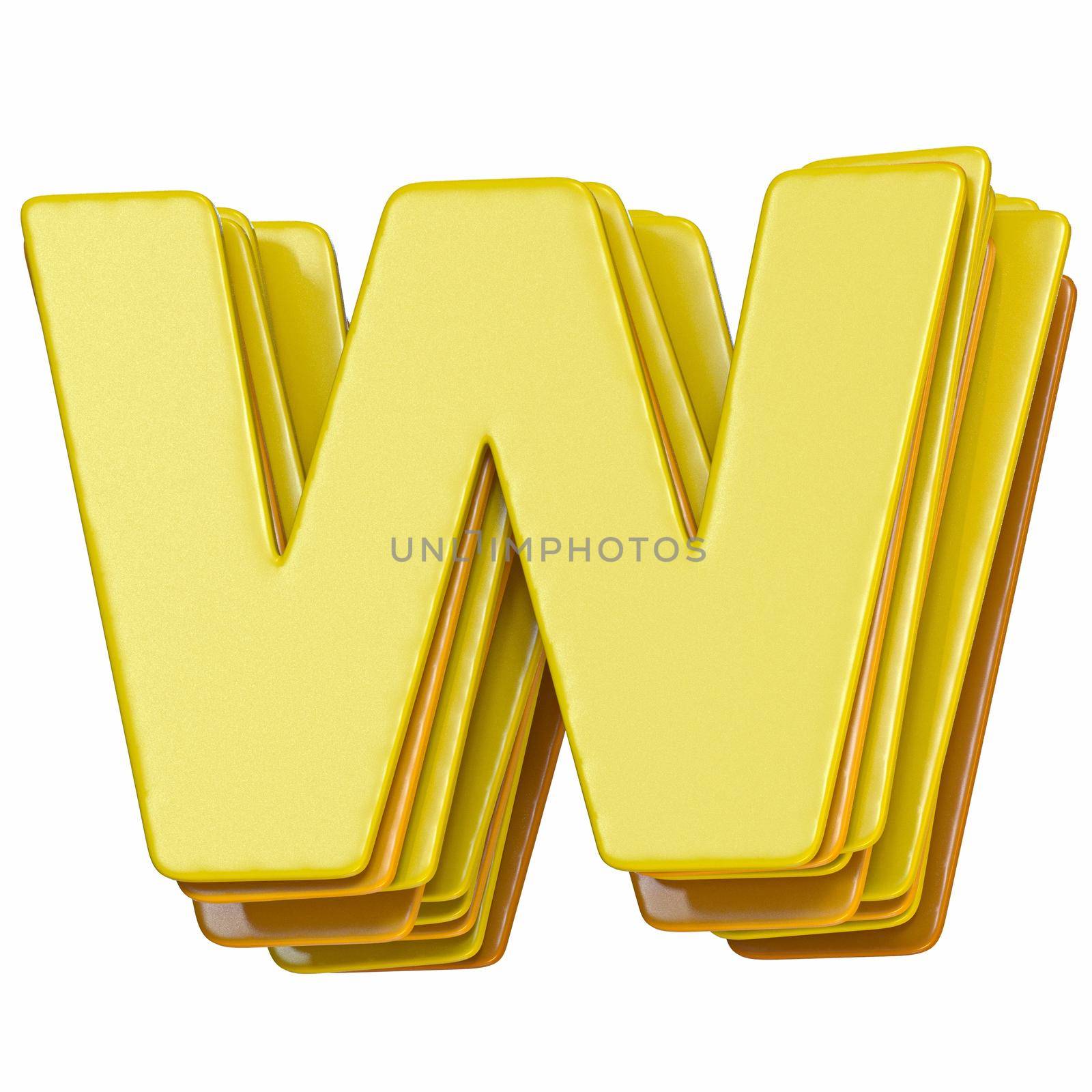 Yellow font Letter W 3D render illustration isolated on white background