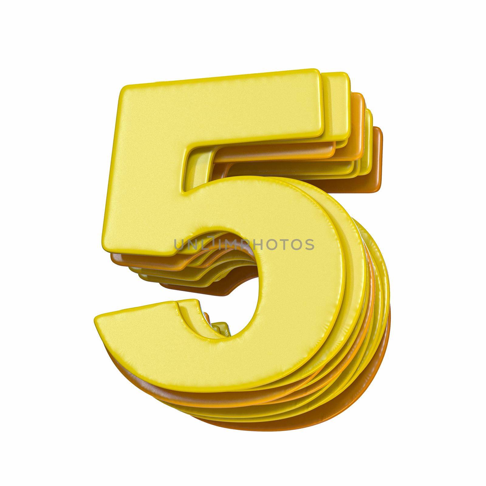 Yellow font Number 5 FIVE 3D render illustration isolated on white background