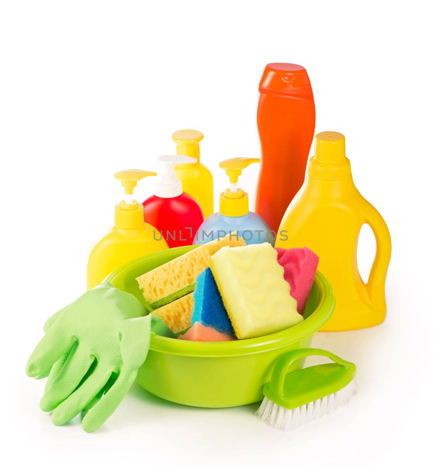 concept - house cleaning. Detergents, scouring powders, scouring pads and gloves for cleaning the house by aprilphoto