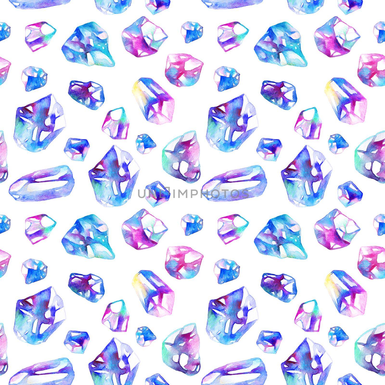 Hand drawn diamond crystals - seamless pattern design with decorative watercolor drawings on white background