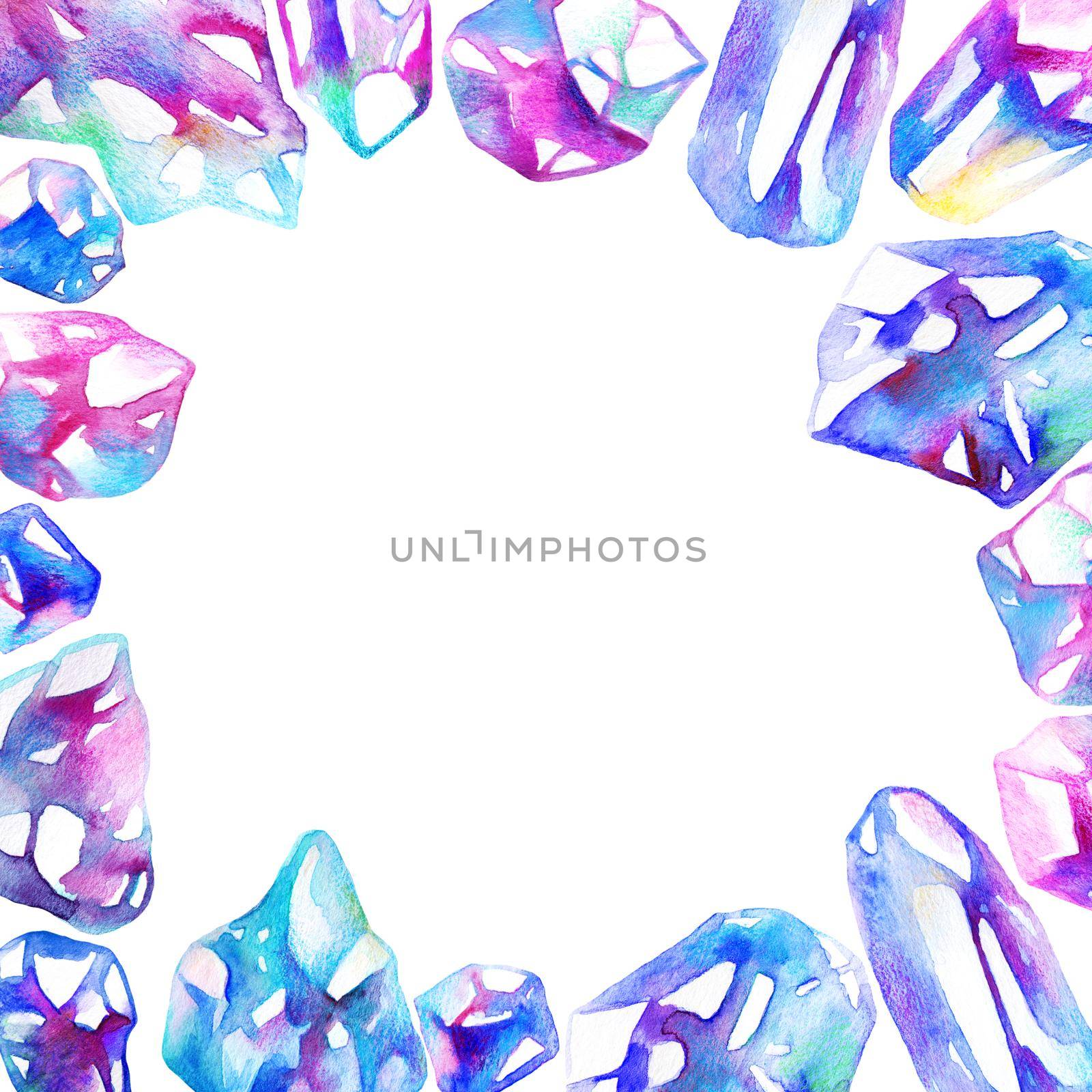 Hand drawn diamond crystals - background frame design with decorative watercolor drawings on white background