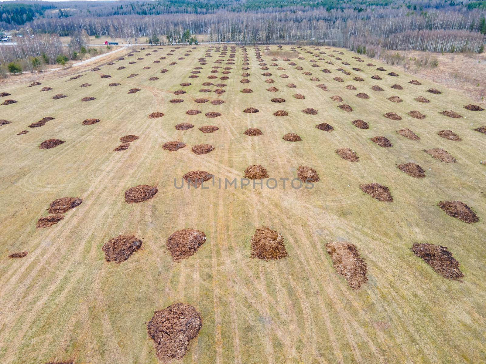 Manure heaps lie in even rows in a field, aerial photo. Application of organic fertilizers in spring and autumn. The concept of working in agriculture for doing business and making a profit.
