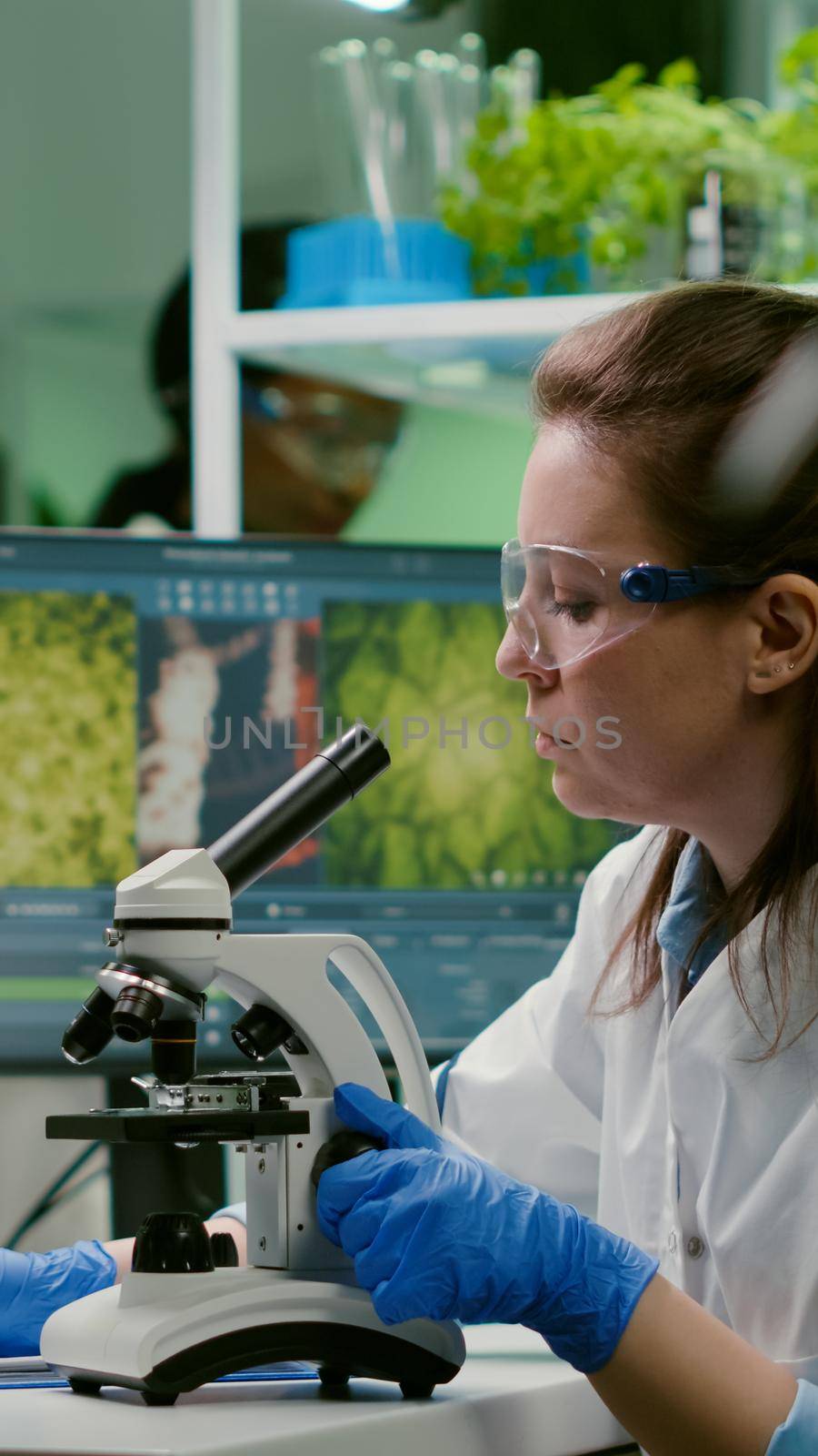 Pharmaceutical scientist looking at green leaf sample on microscope while writing genetic test on notepad. Biologist specialist analyzing organic gmo plants while working in microbiology food laboratory