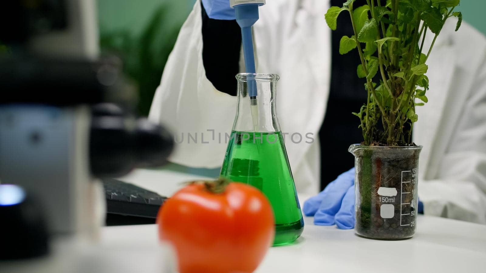 Closeup of botanist reseacher woman taking dna liquid test from medical glass with micropipette by DCStudio