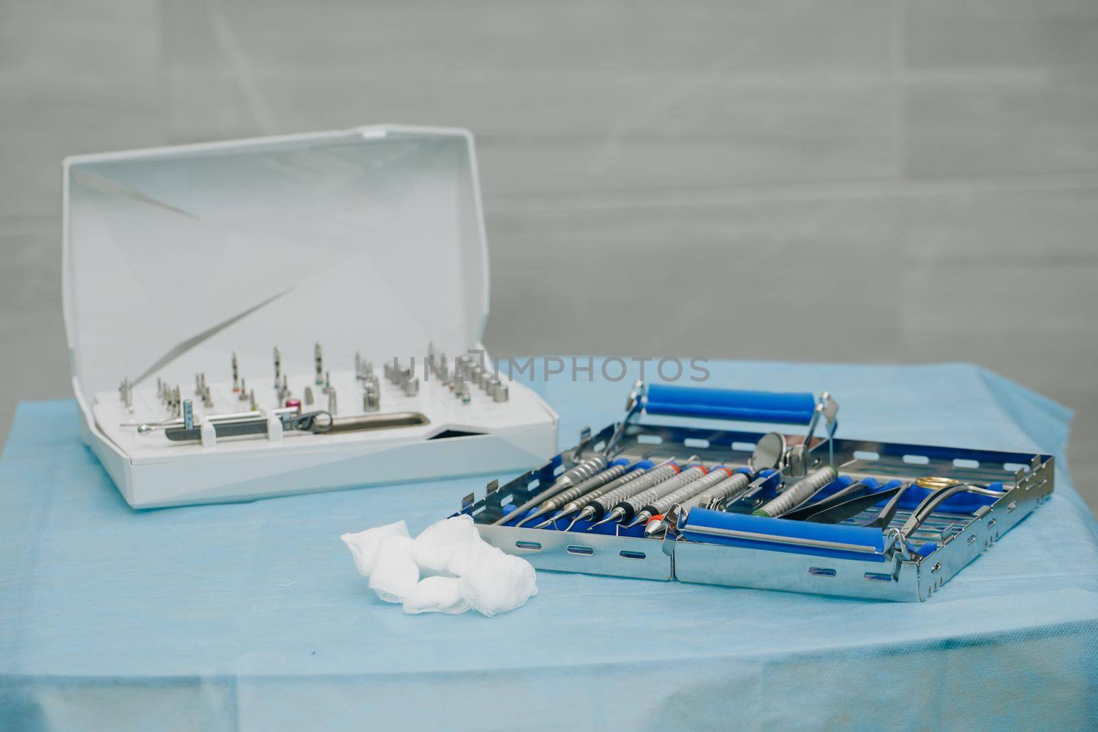 Dental implantation surgical set. Surgical kit of instruments used in dental implantology. Dentist orthopedist tools. Dentistry.