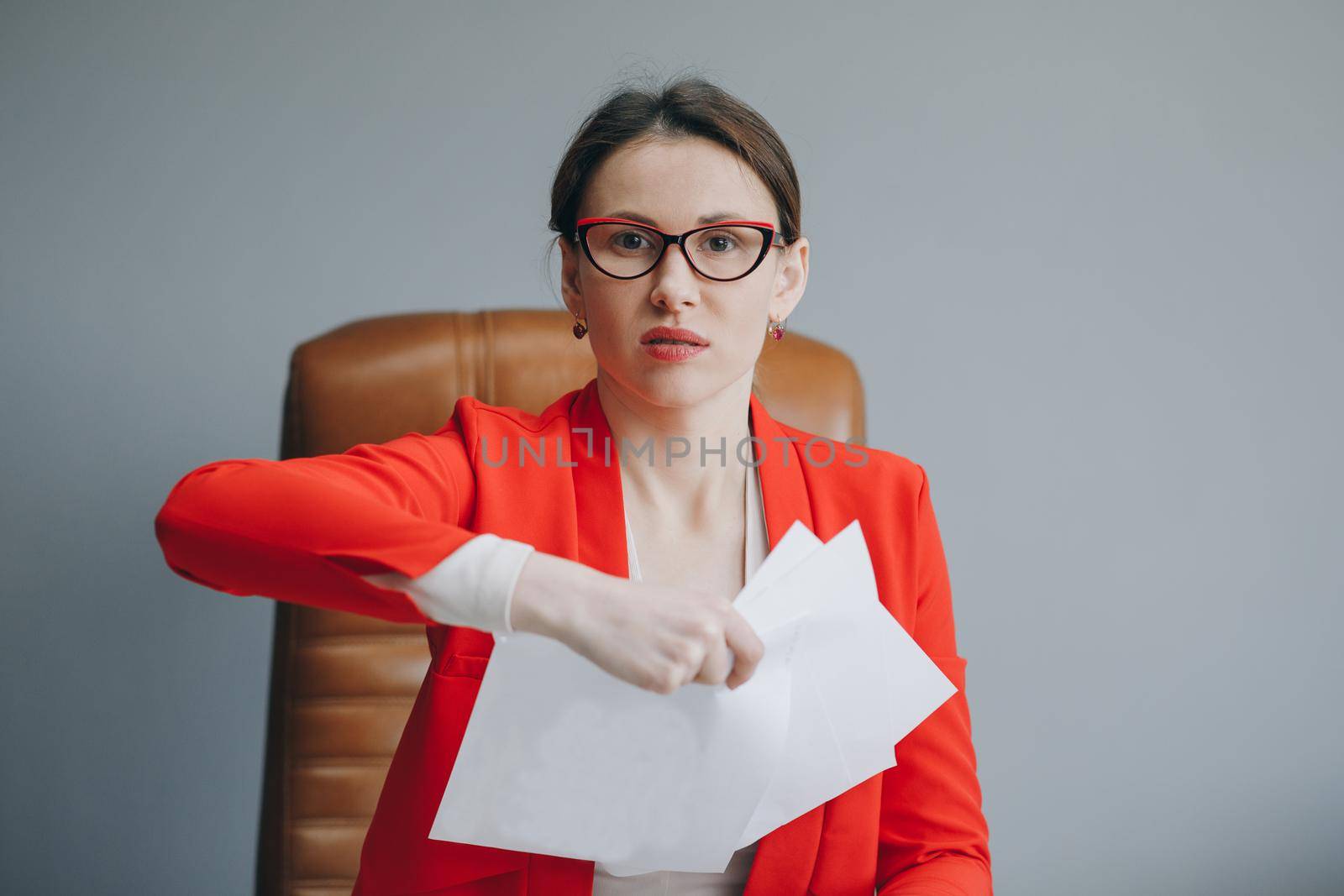 Businesswoman Office worker tired of too much difficult unproductive work. Stressed female entrepreneur has no idea what to do with problem