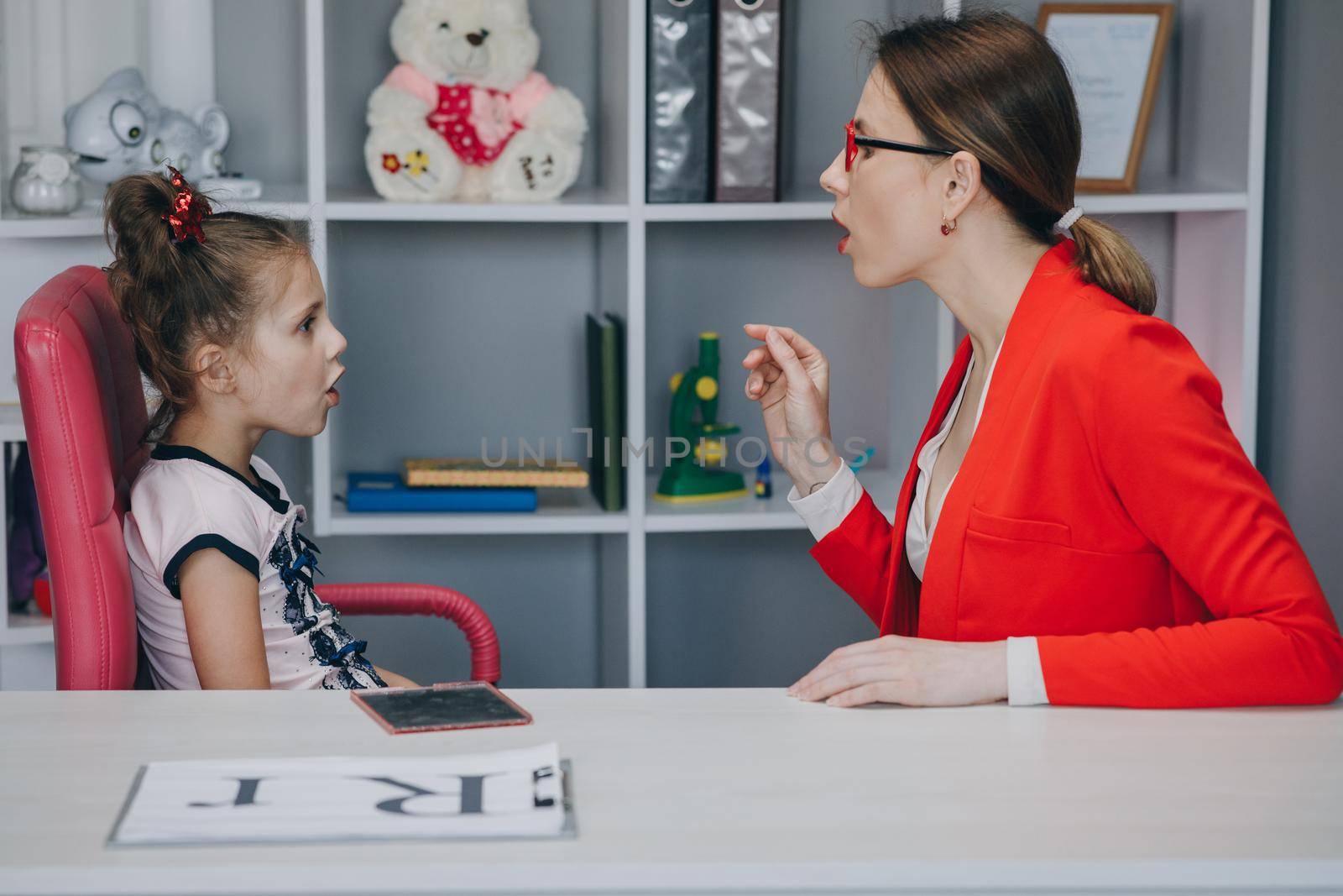 Female Speech Language Therapist Teaching Preschool Kid Sound Pronunciation, Stuttering Cute Child Having Stutter. Voice Ability Problem Speaking Lesson Concept