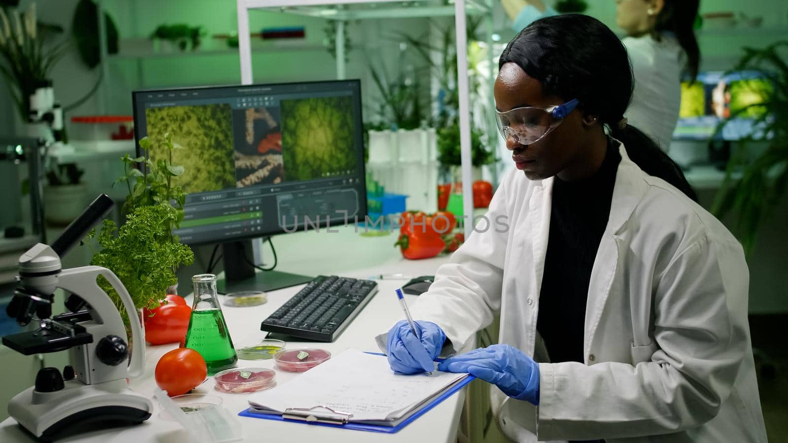 Scientists researchers working in biotechnology lab looking at vegan food and sapling analyzing genetic mutation writing biological expertise on notepad. Pharmaceutical researching biochemistry