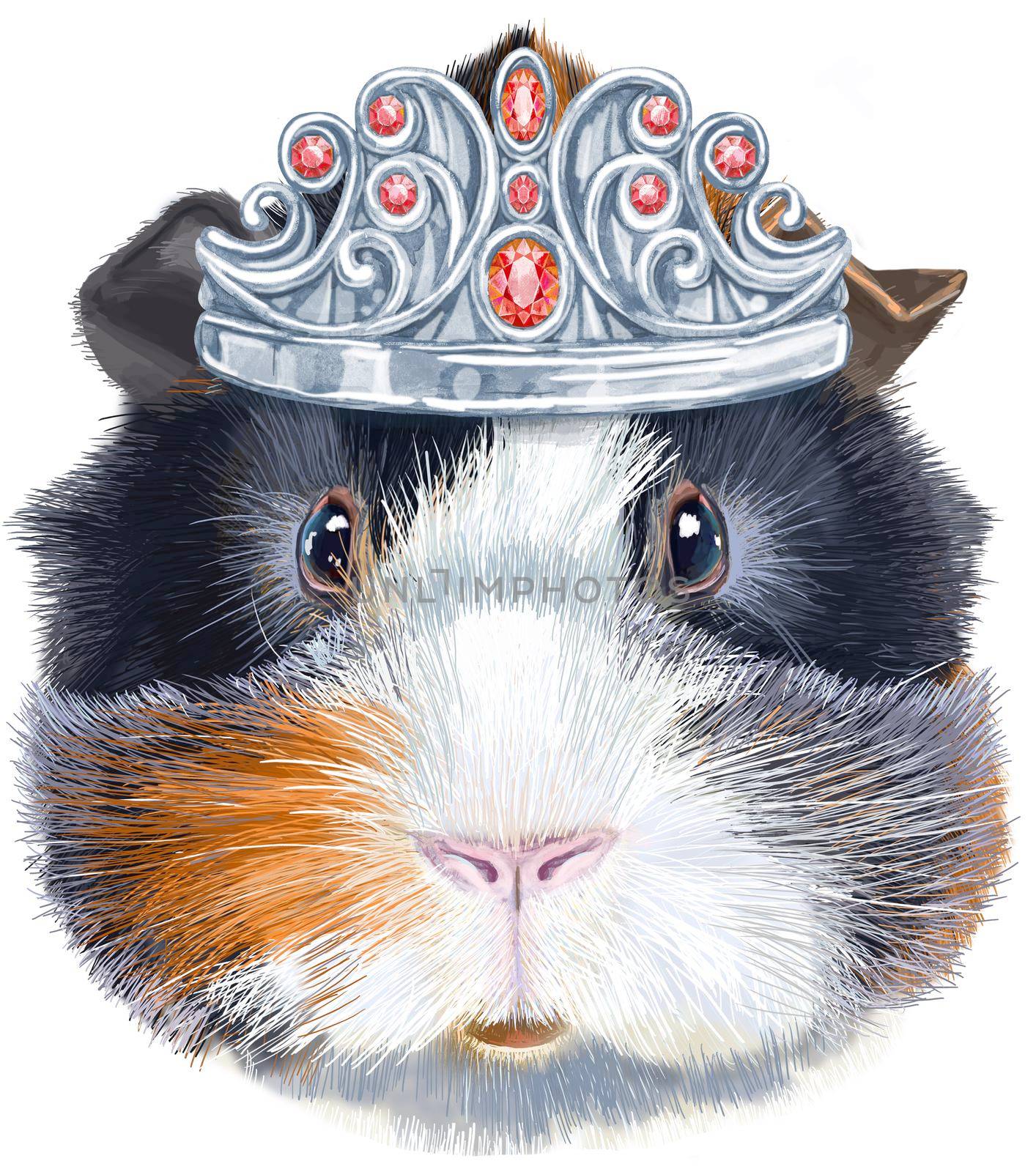 Cute cavy in silver crown. Pig for T-shirt graphics. Watercolor abyssinian guinea pig illustration
