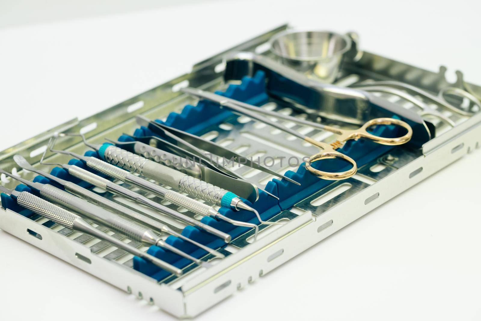 Dental implantation surgical set. Surgical kit of instruments used in dental implantology. Dentist orthopedist tools by uflypro